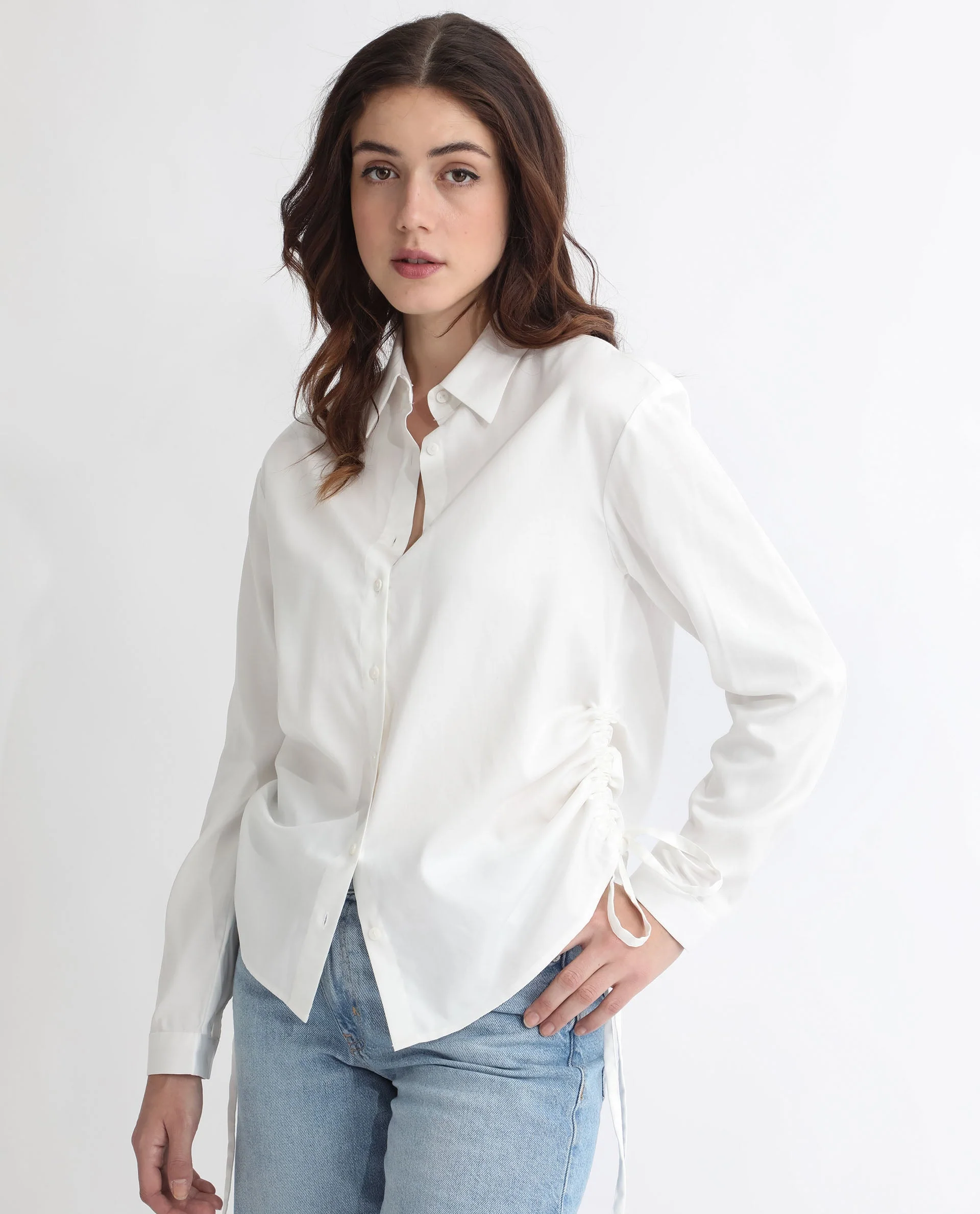 Rareism Women's Avocado Off White Cotton Spread Collar Plain Regular Fit Top - Image 9