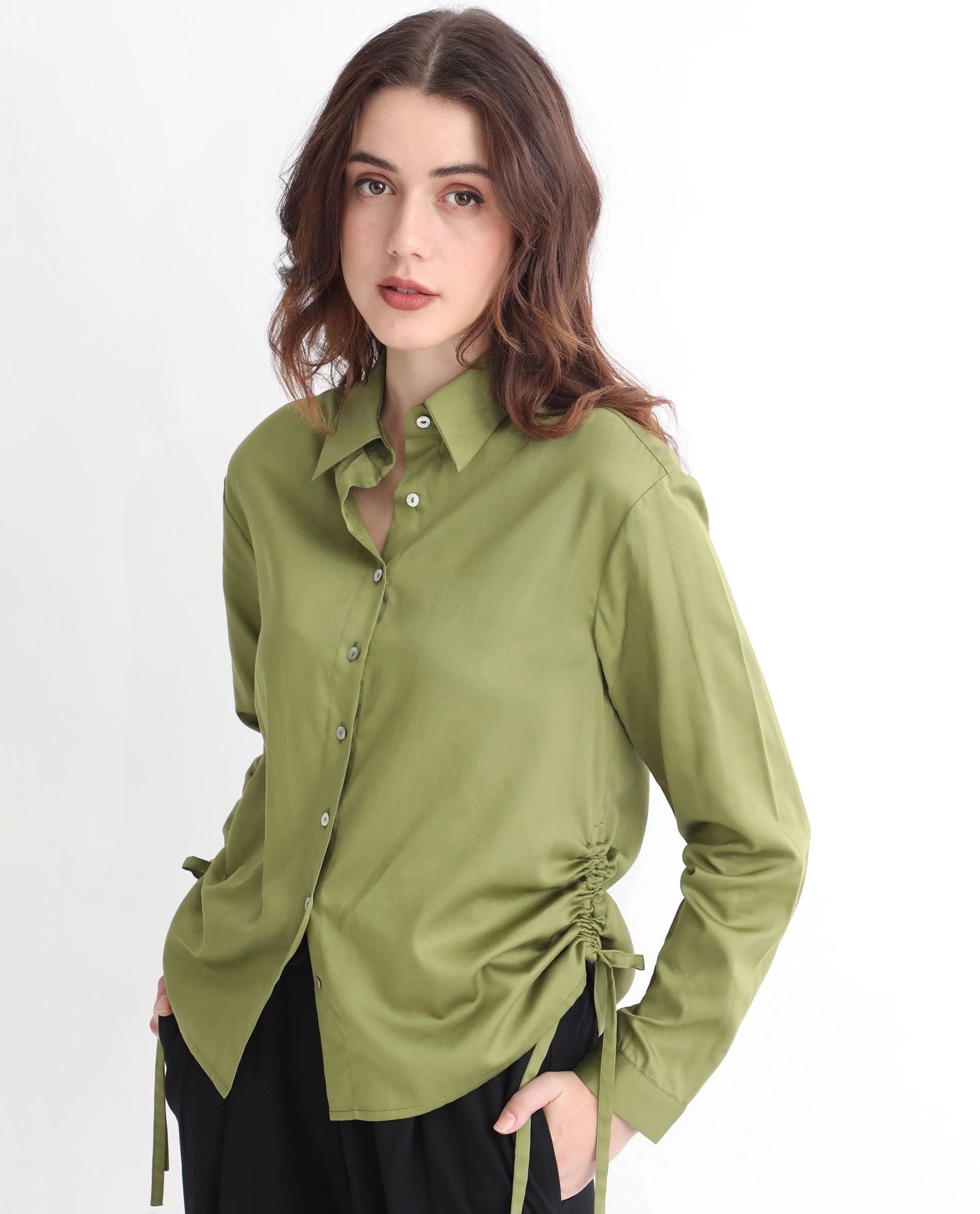 Rareism Women's Avocado Olive Cotton Spread Collar Plain Regular Fit Top