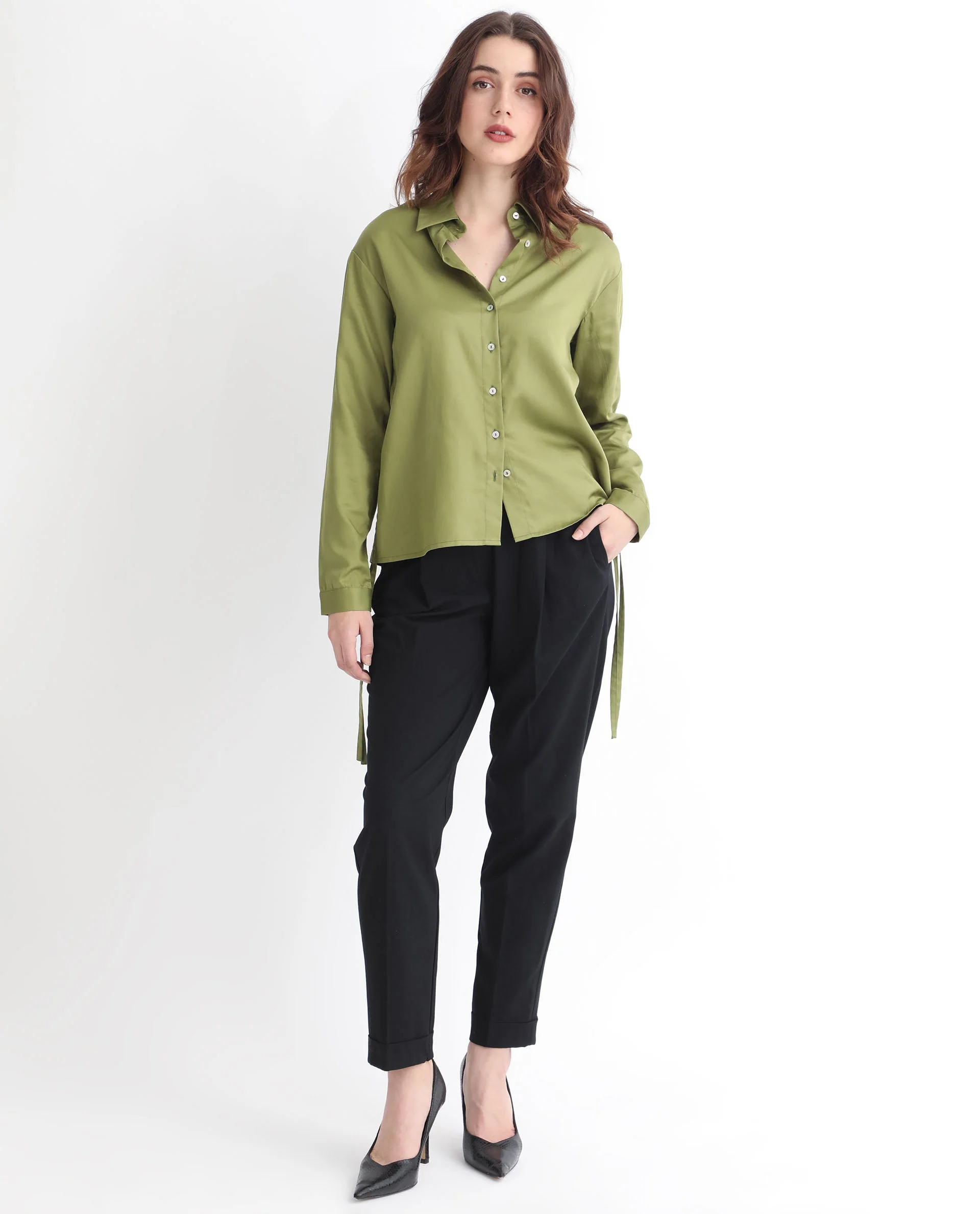Rareism Women's Avocado Olive Cotton Spread Collar Plain Regular Fit Top - Image 2
