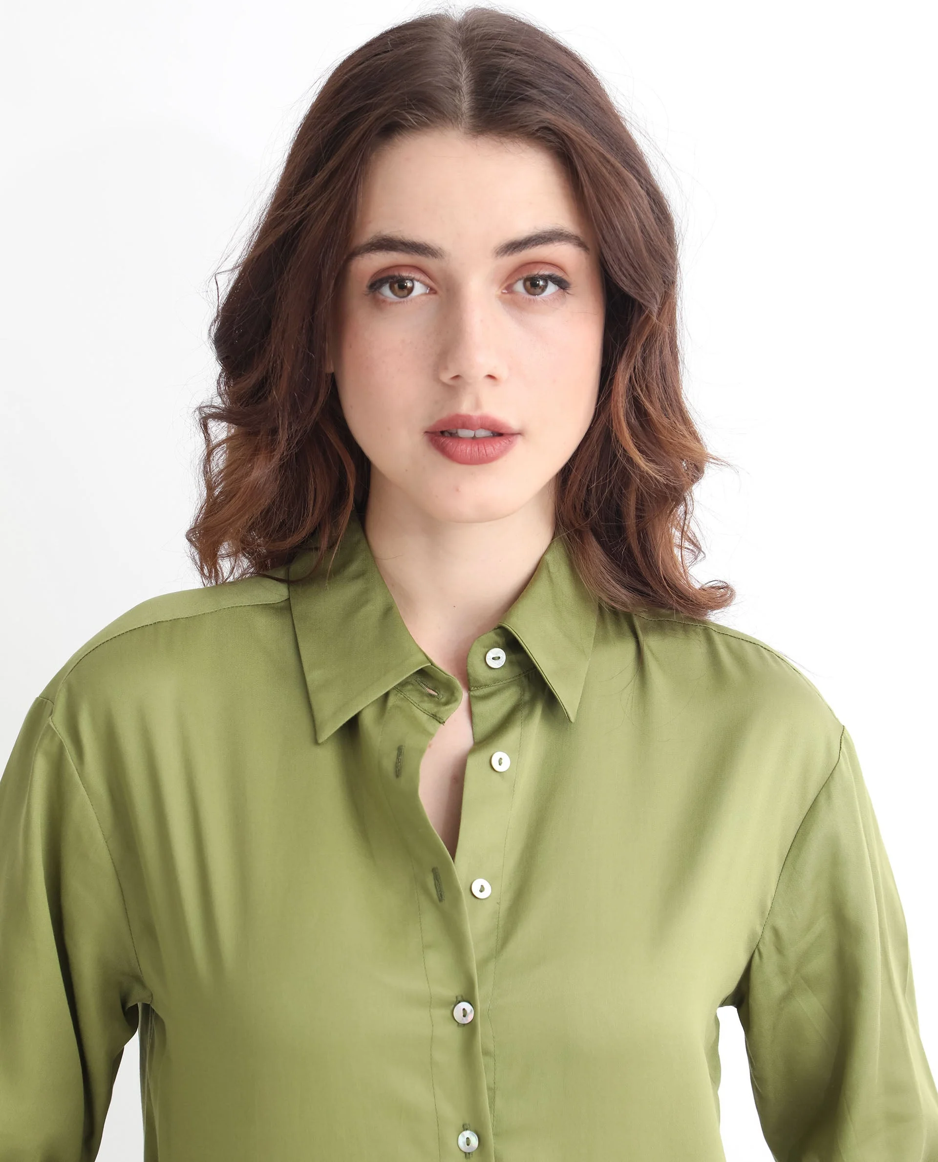 Rareism Women's Avocado Olive Cotton Spread Collar Plain Regular Fit Top - Image 3