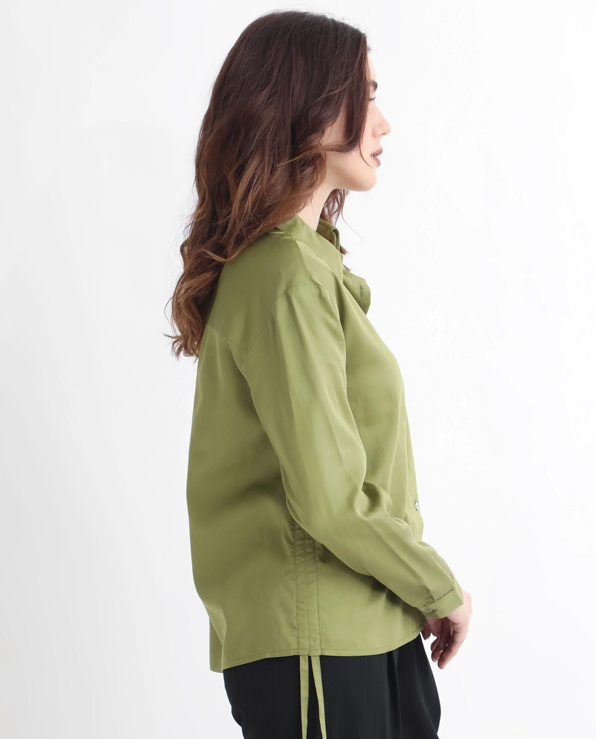 Rareism Women's Avocado Olive Cotton Spread Collar Plain Regular Fit Top - Image 6