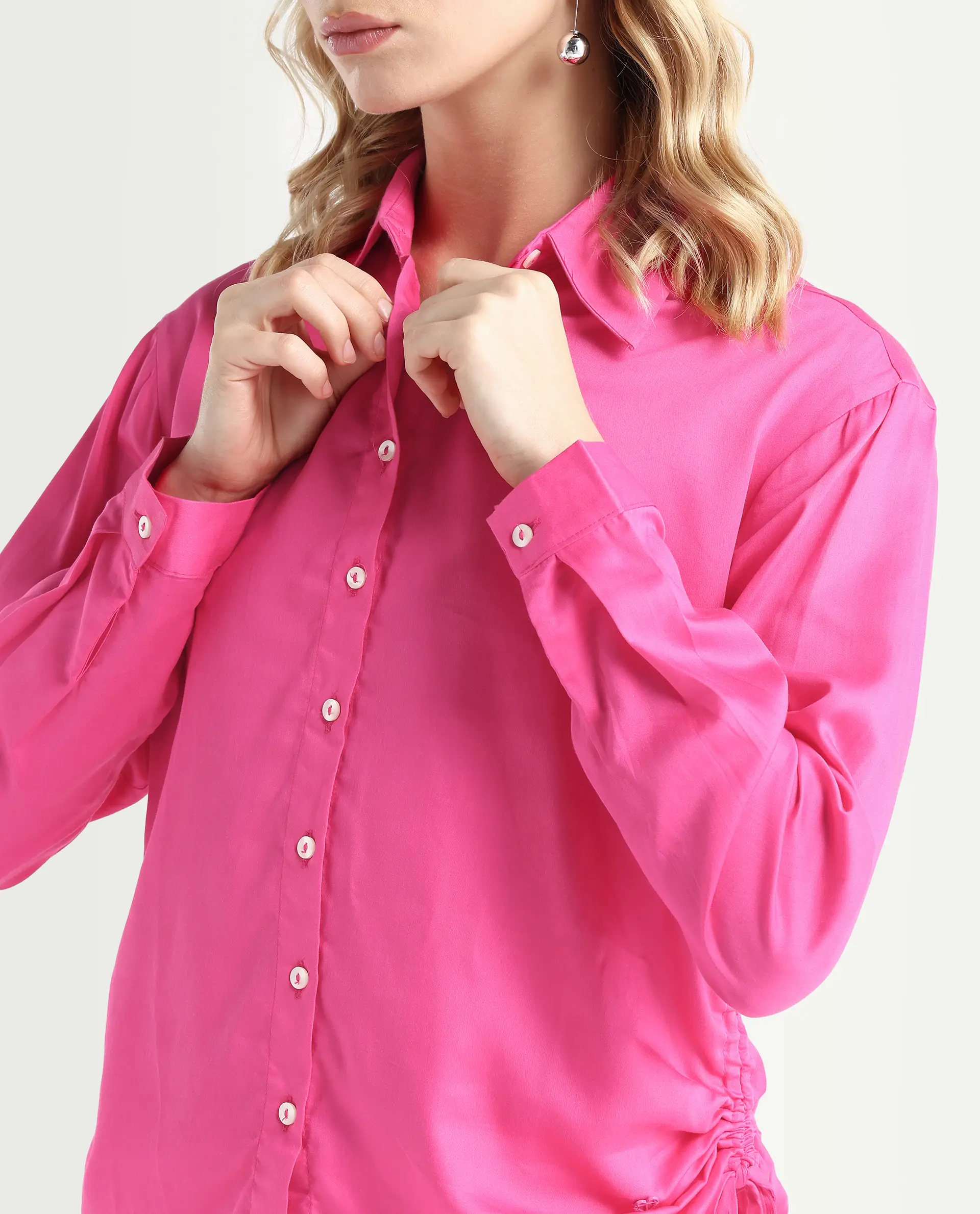 Rareism Women's Avocado Pink Cotton Spread Collar Plain Regular Fit Top
