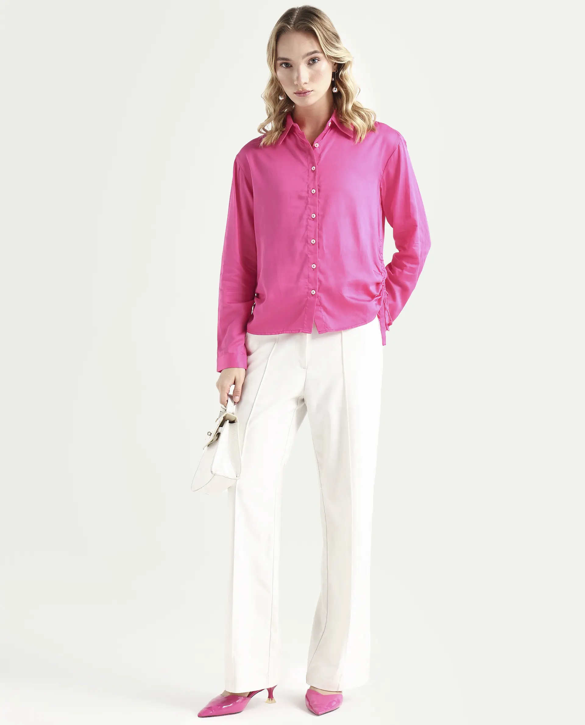 Rareism Women's Avocado Pink Cotton Spread Collar Plain Regular Fit Top - Image 2