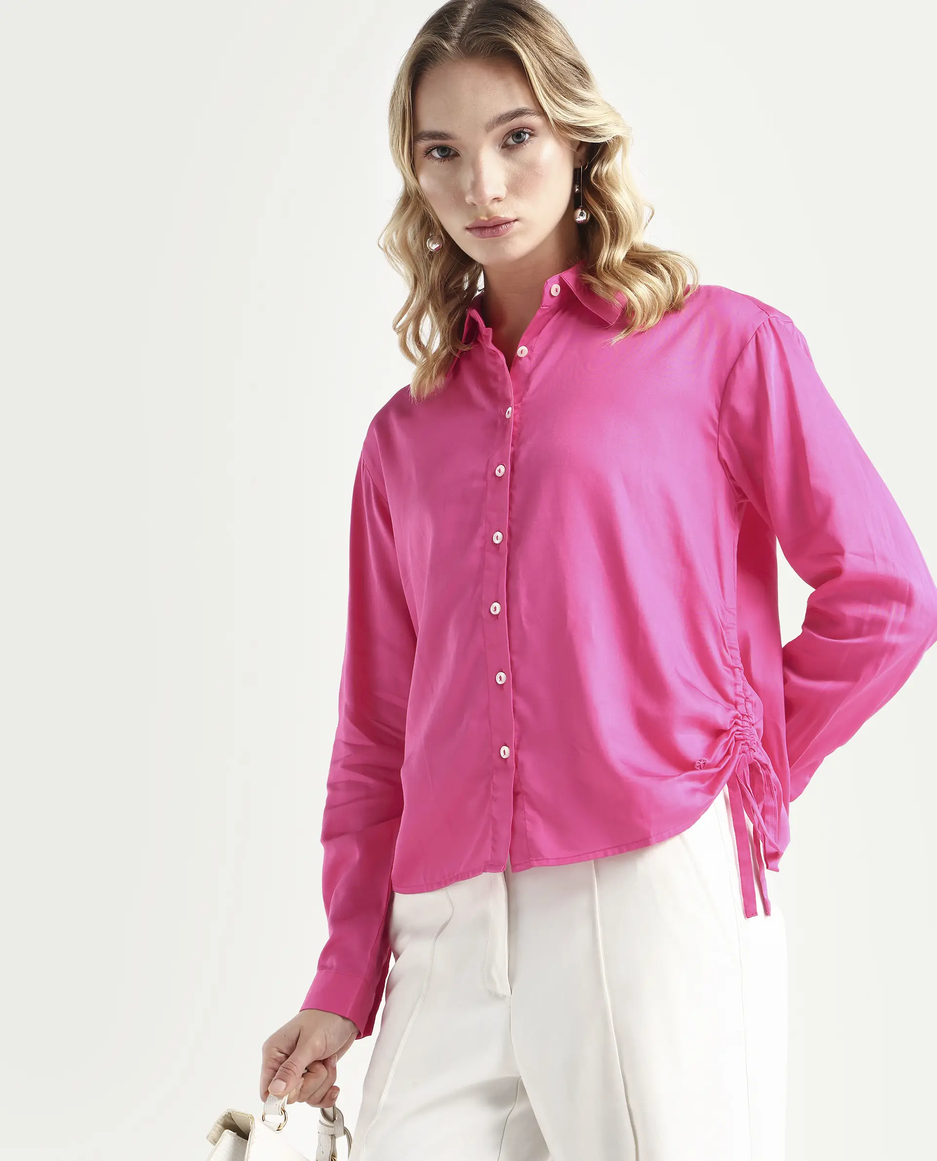 Rareism Women's Avocado Pink Cotton Spread Collar Plain Regular Fit Top - Image 3