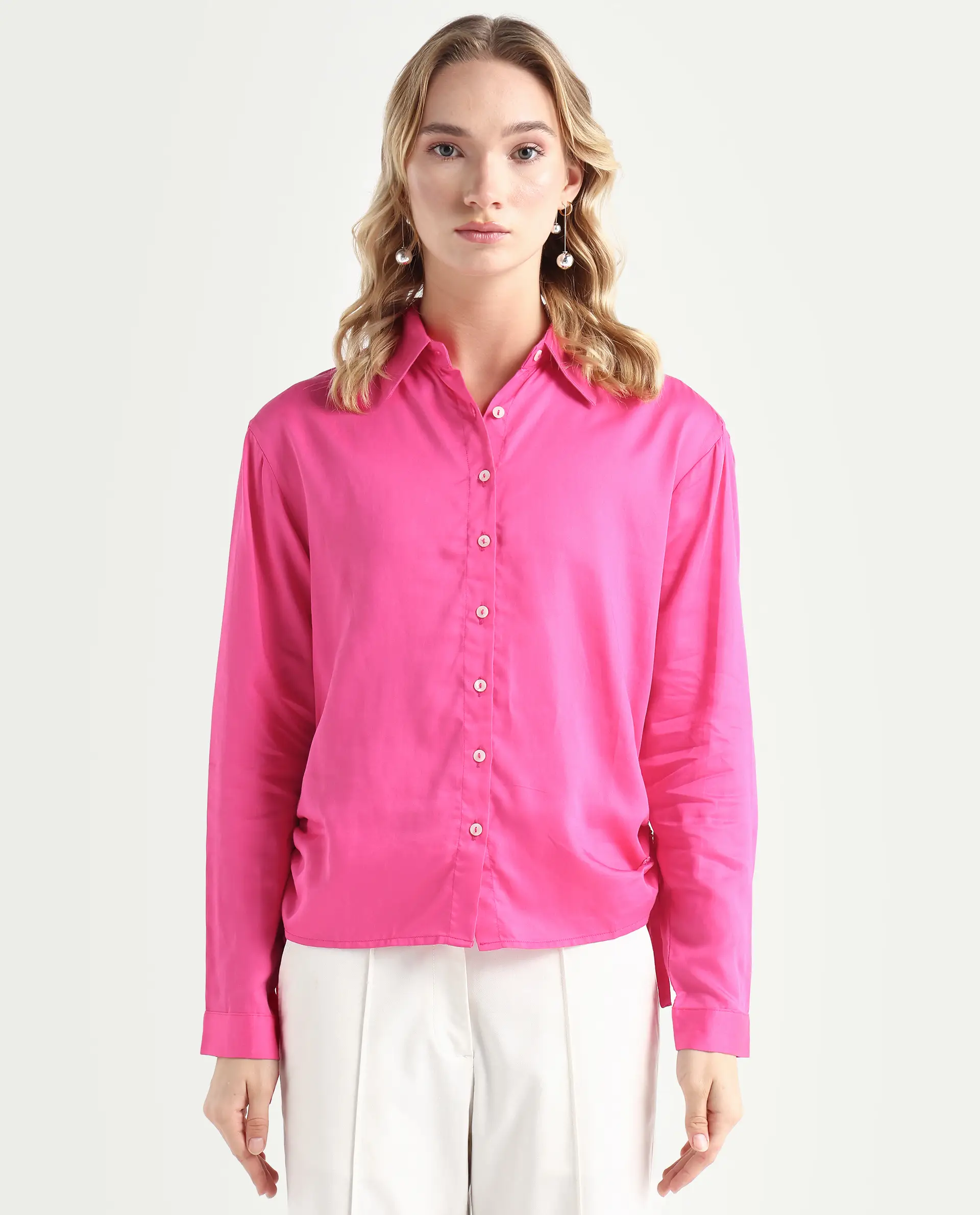 Rareism Women's Avocado Pink Cotton Spread Collar Plain Regular Fit Top - Image 4