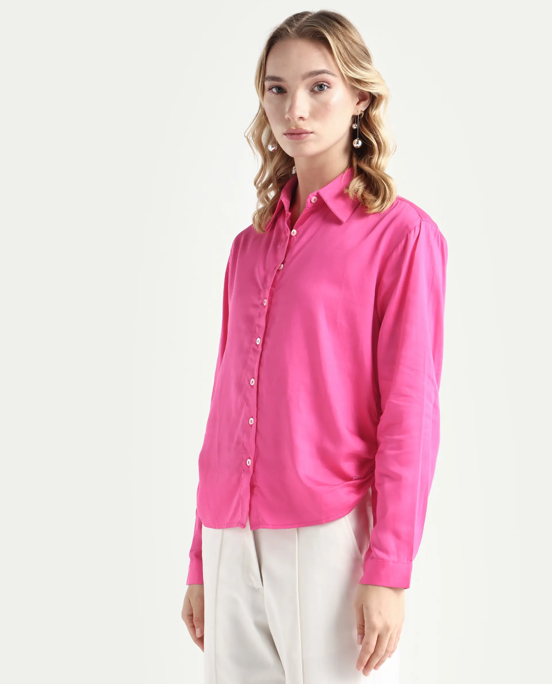 Rareism Women's Avocado Pink Cotton Spread Collar Plain Regular Fit Top - Image 5