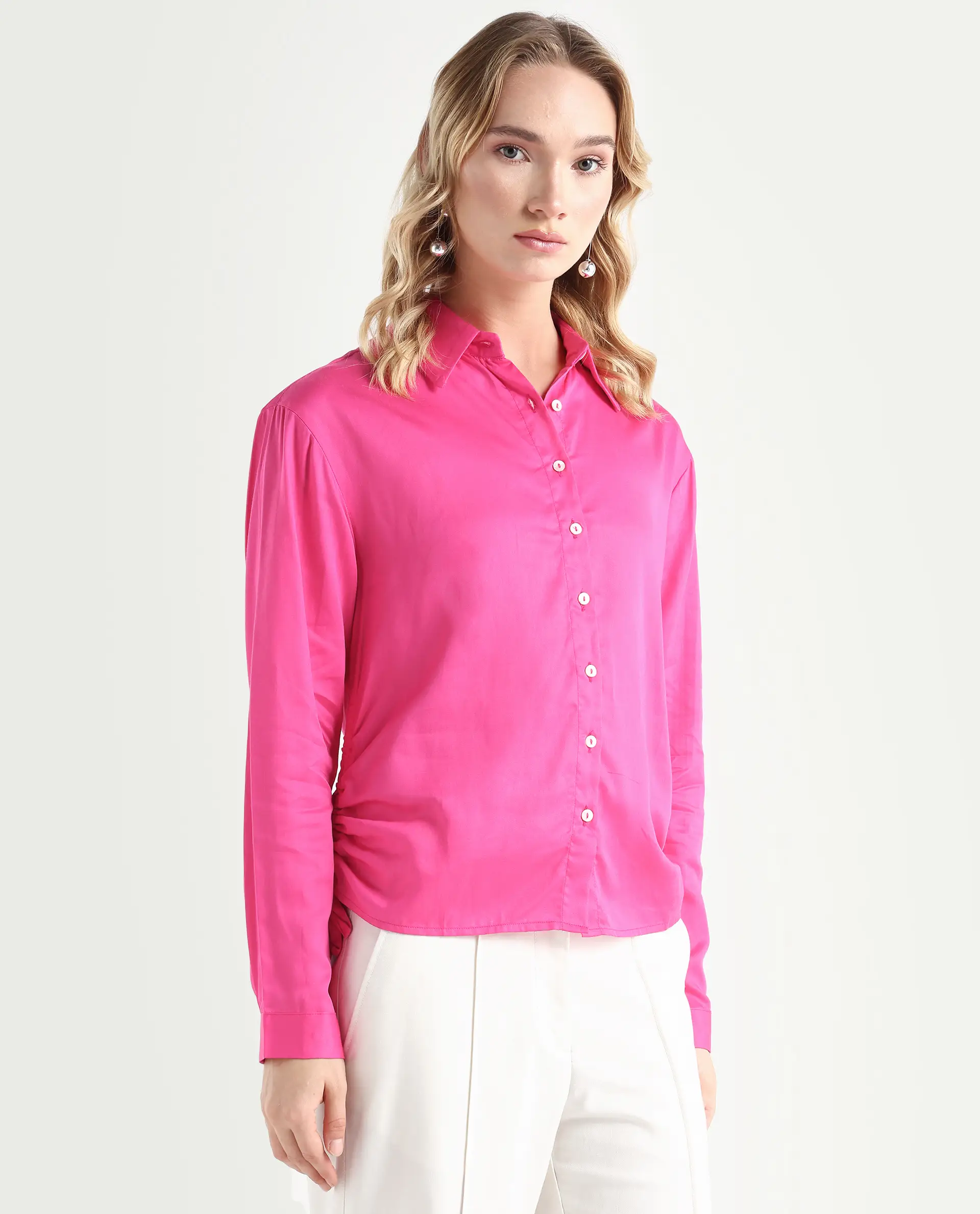 Rareism Women's Avocado Pink Cotton Spread Collar Plain Regular Fit Top - Image 6