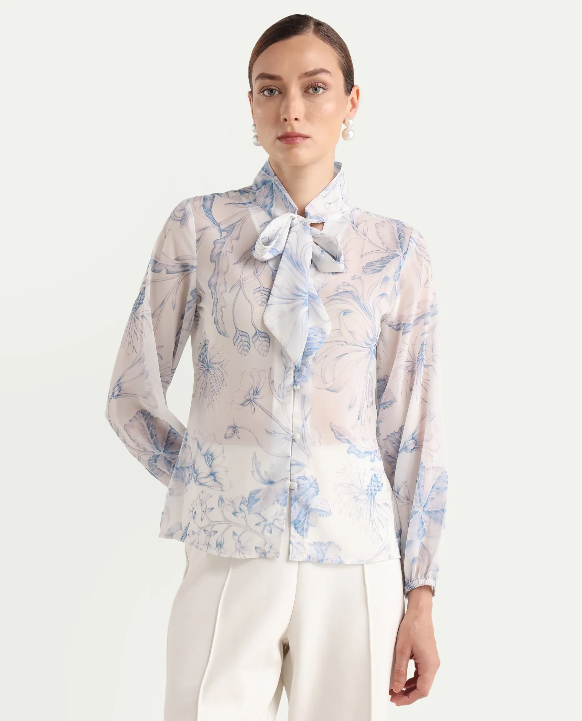 Rareism Women's Avoi White Polyester Tie-Up Regular Floral Print Top - Image 3