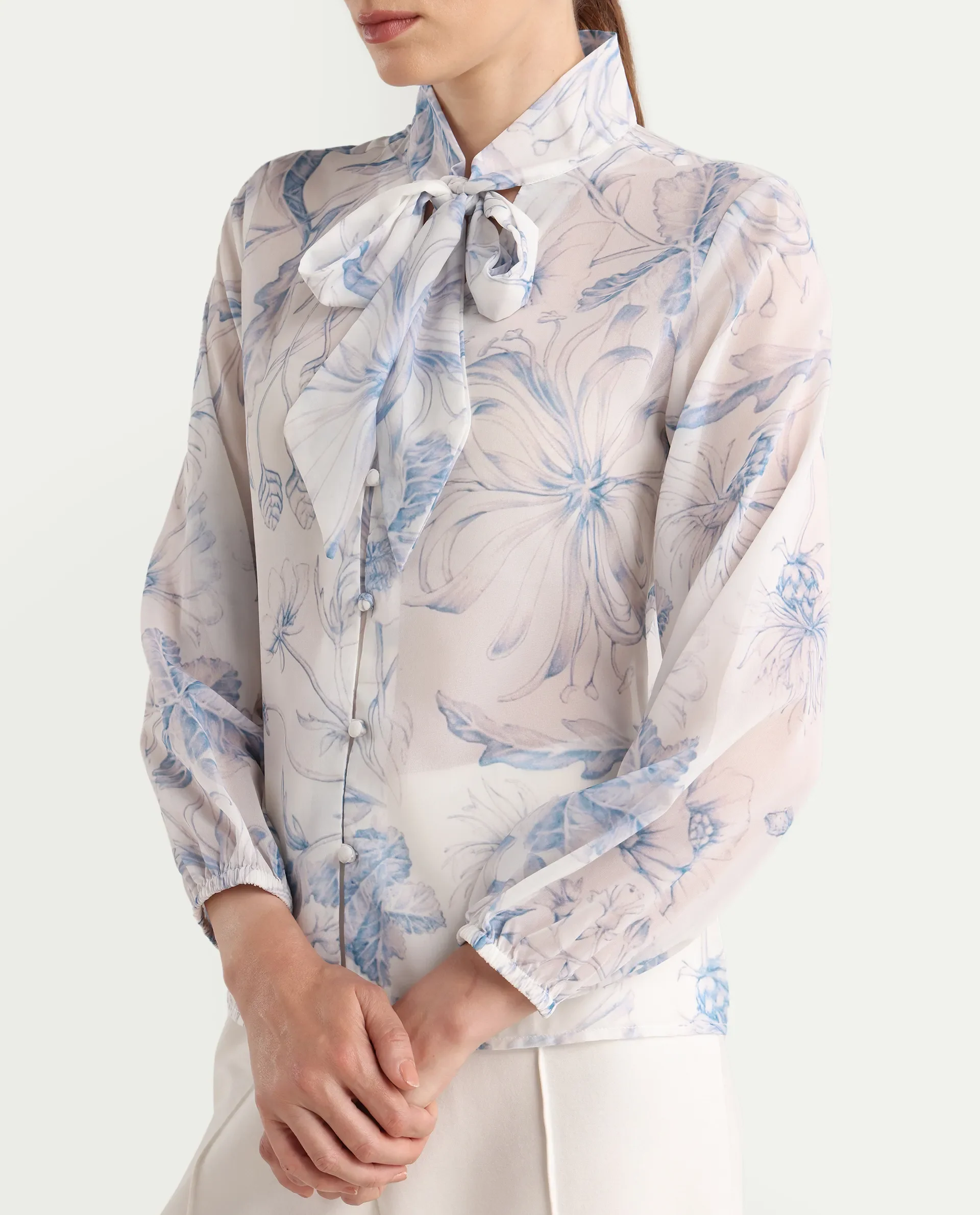 Rareism Women's Avoi White Polyester Tie-Up Regular Floral Print Top - Image 5