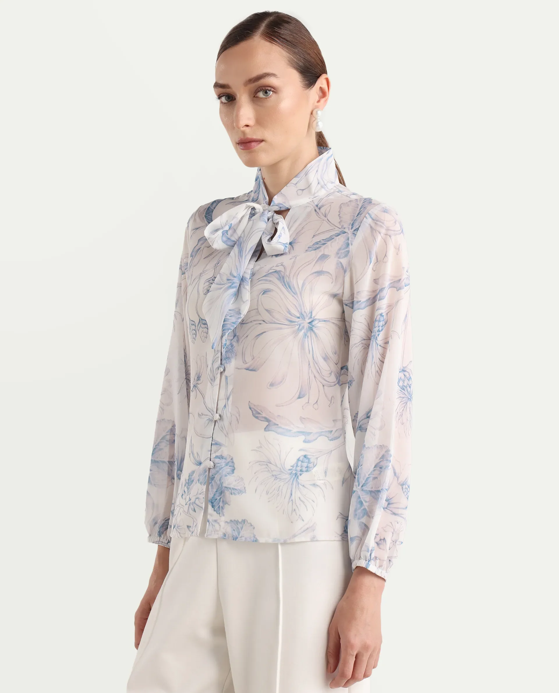 Rareism Women's Avoi White Polyester Tie-Up Regular Floral Print Top - Image 6