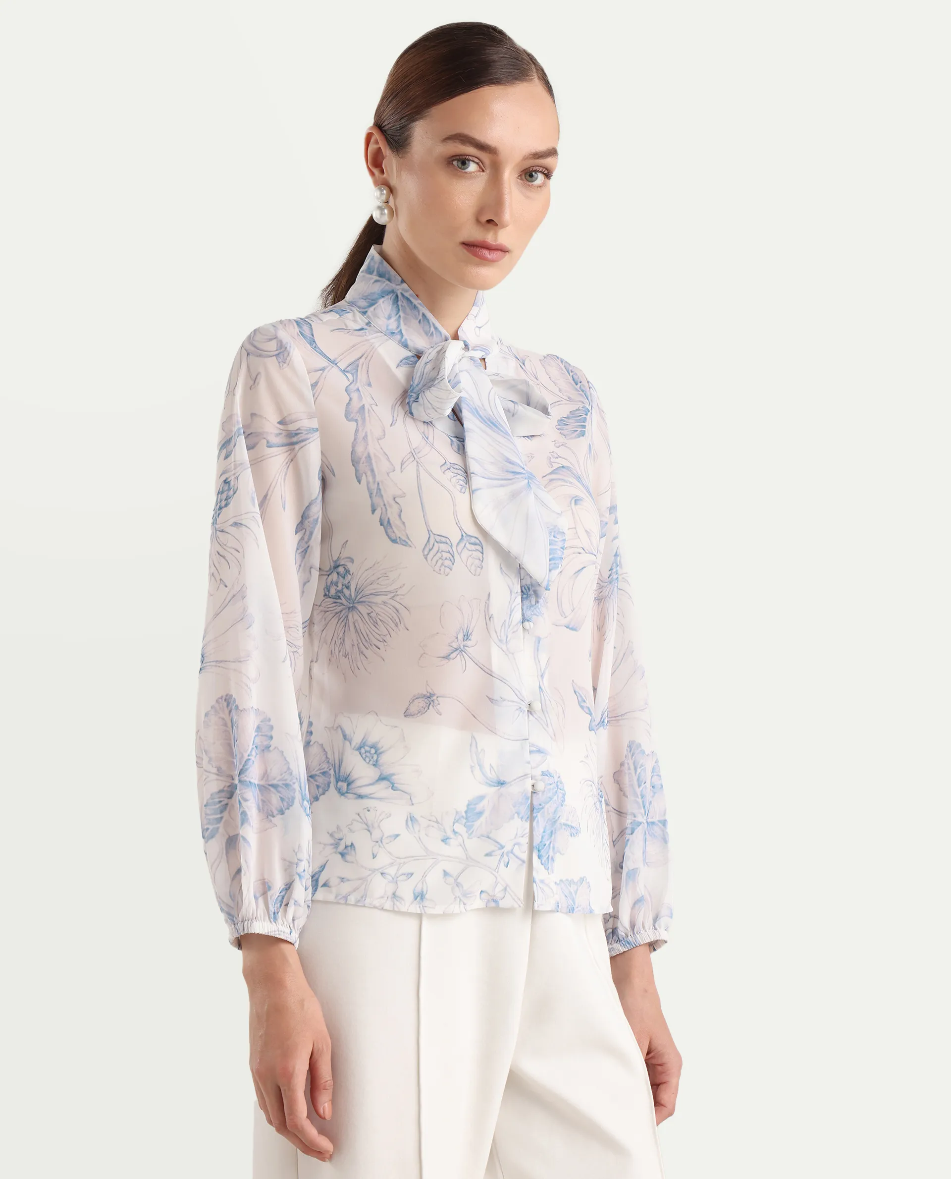 Rareism Women's Avoi White Polyester Tie-Up Regular Floral Print Top - Image 7