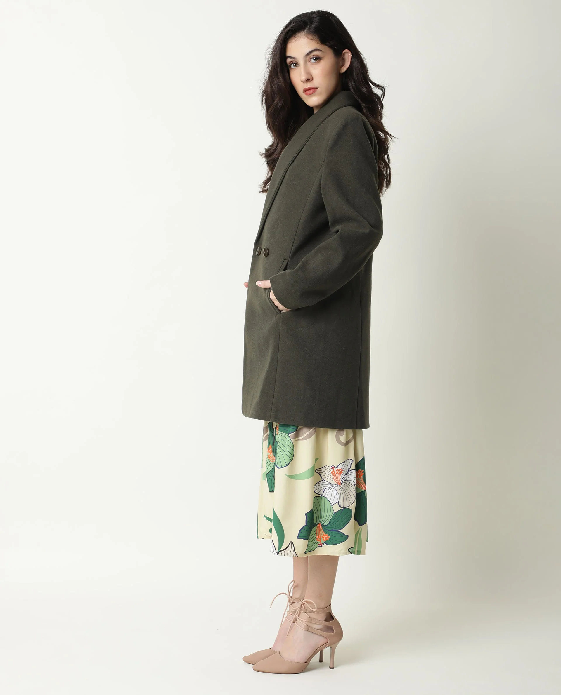 Rareism Women's Avon Olive Polyester Lapel Neck Plain Knee Length Regular Fit Jacket - Image 10