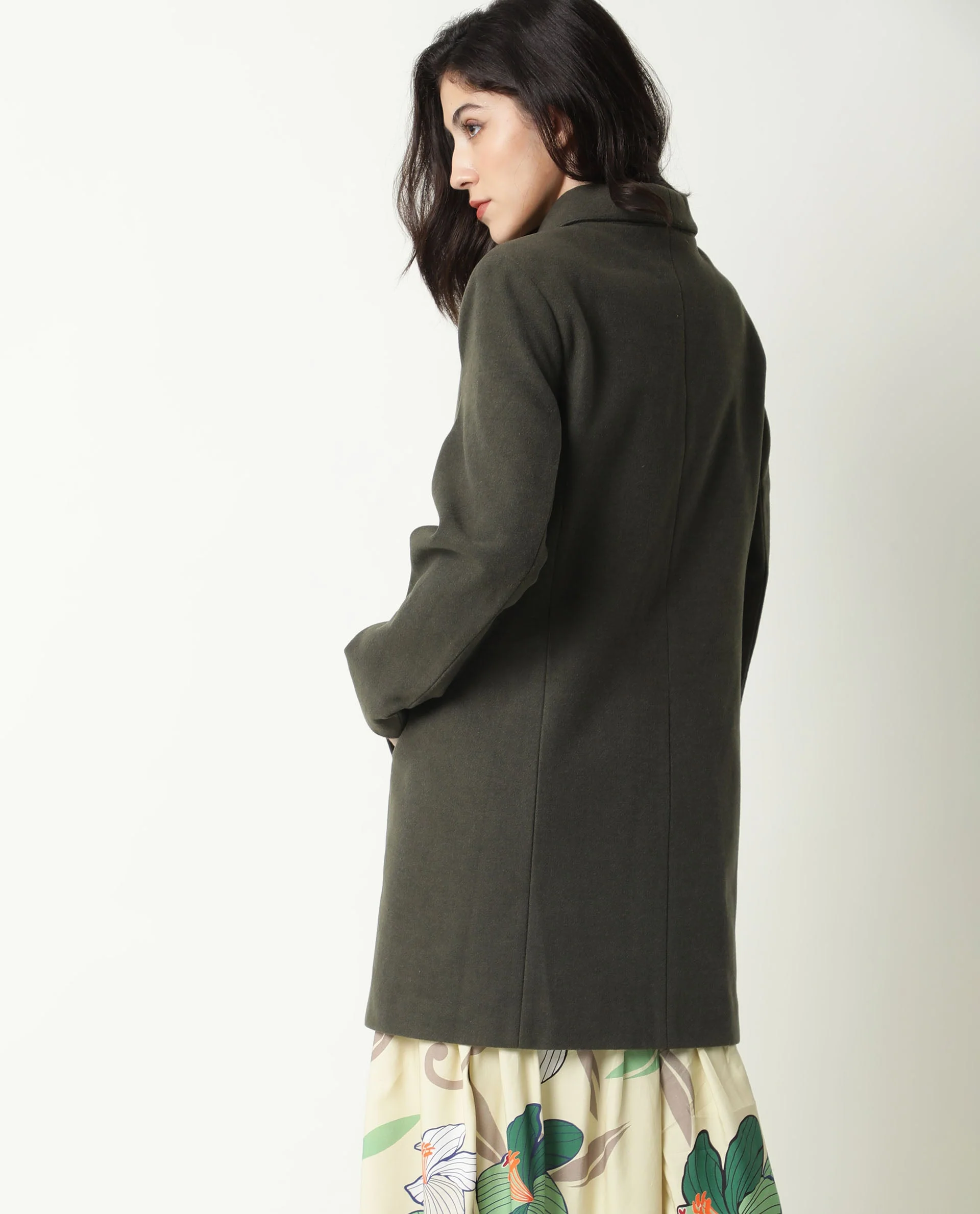 Rareism Women's Avon Olive Polyester Lapel Neck Plain Knee Length Regular Fit Jacket - Image 11