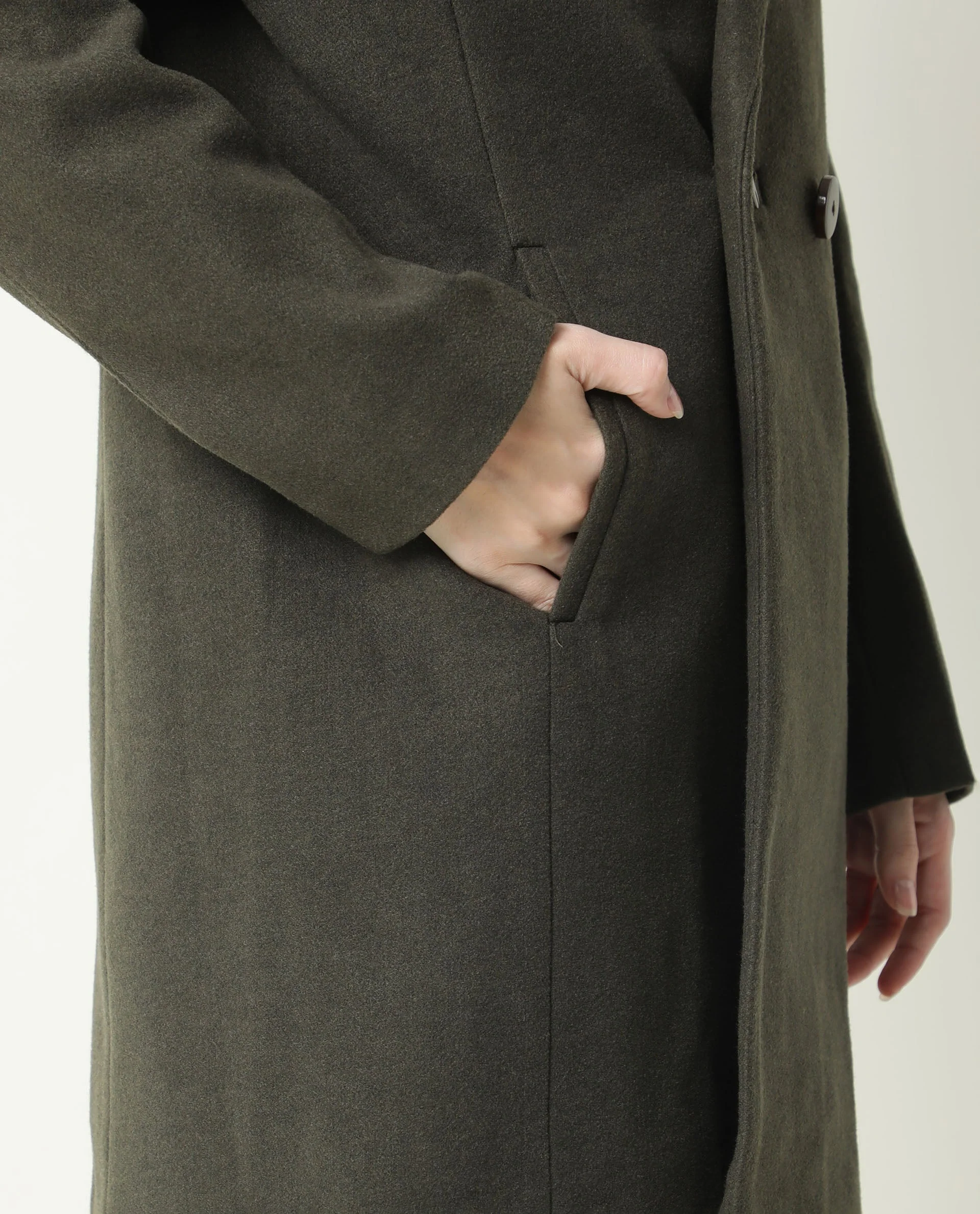 Rareism Women's Avon Olive Polyester Lapel Neck Plain Knee Length Regular Fit Jacket - Image 12