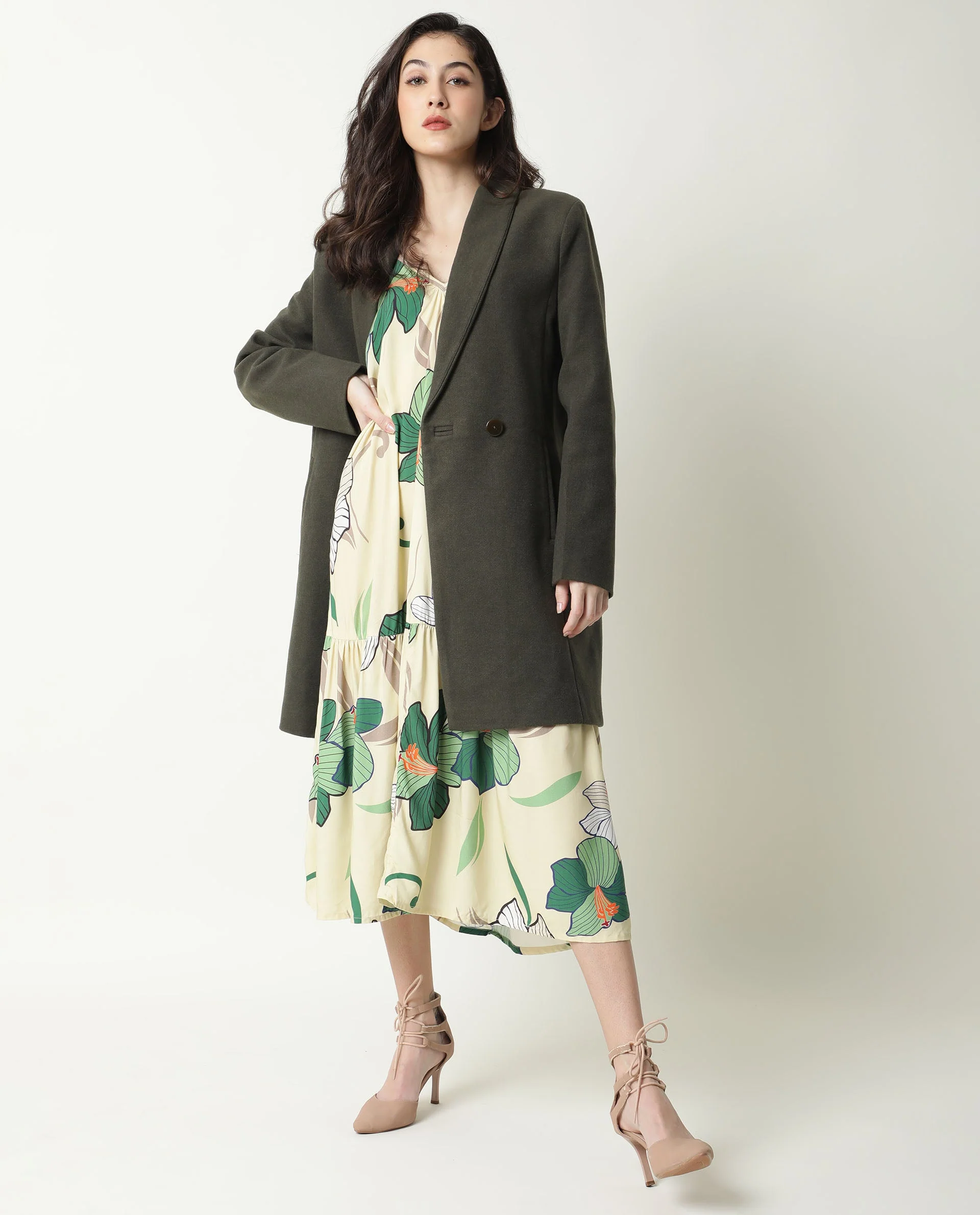Rareism Women's Avon Olive Polyester Lapel Neck Plain Knee Length Regular Fit Jacket - Image 2