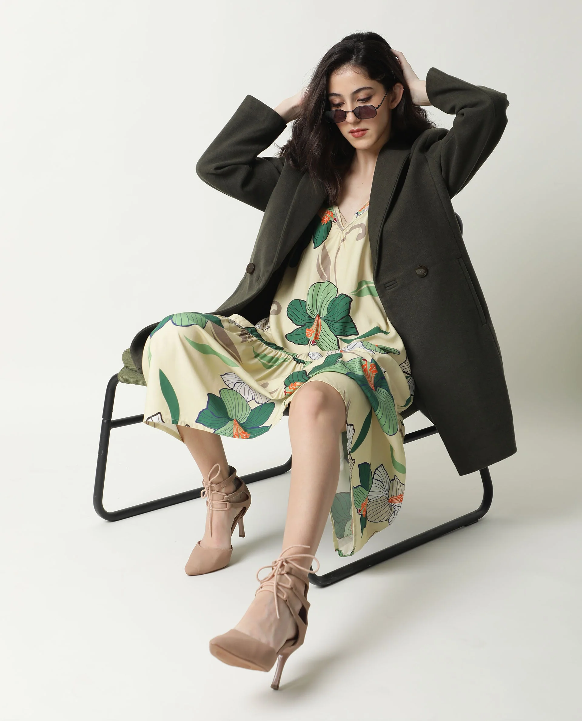 Rareism Women's Avon Olive Polyester Lapel Neck Plain Knee Length Regular Fit Jacket - Image 3