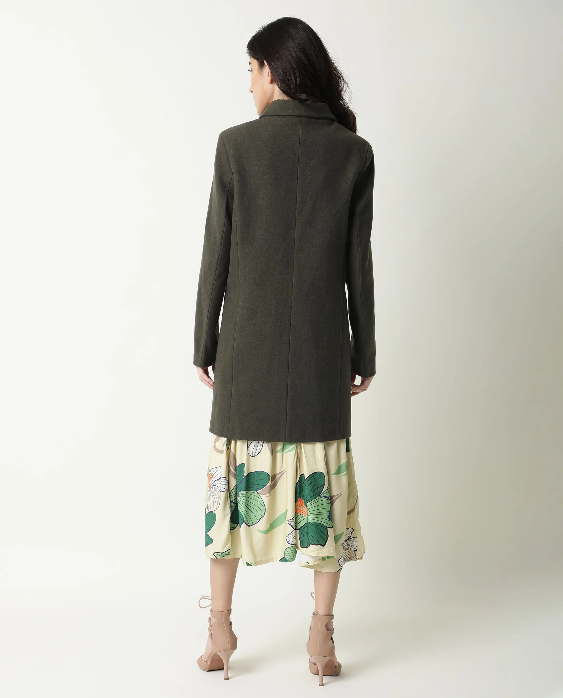 Rareism Women's Avon Olive Polyester Lapel Neck Plain Knee Length Regular Fit Jacket - Image 4