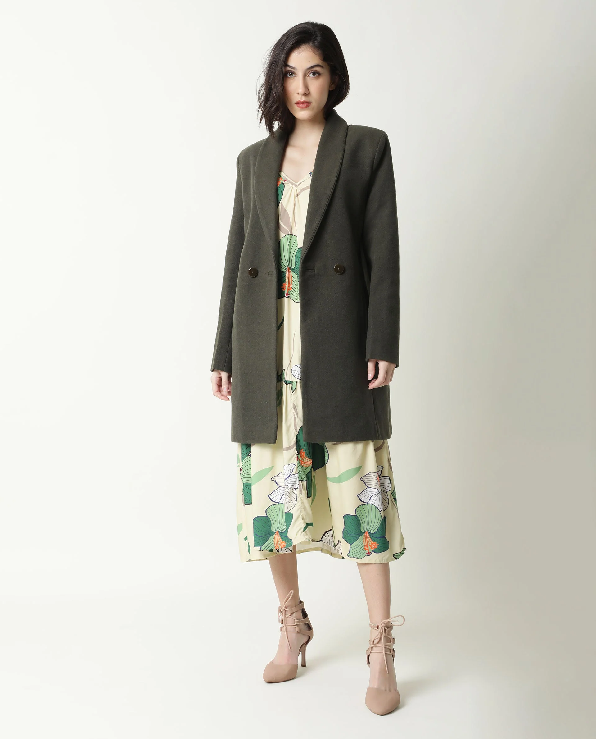 Rareism Women's Avon Olive Polyester Lapel Neck Plain Knee Length Regular Fit Jacket - Image 5
