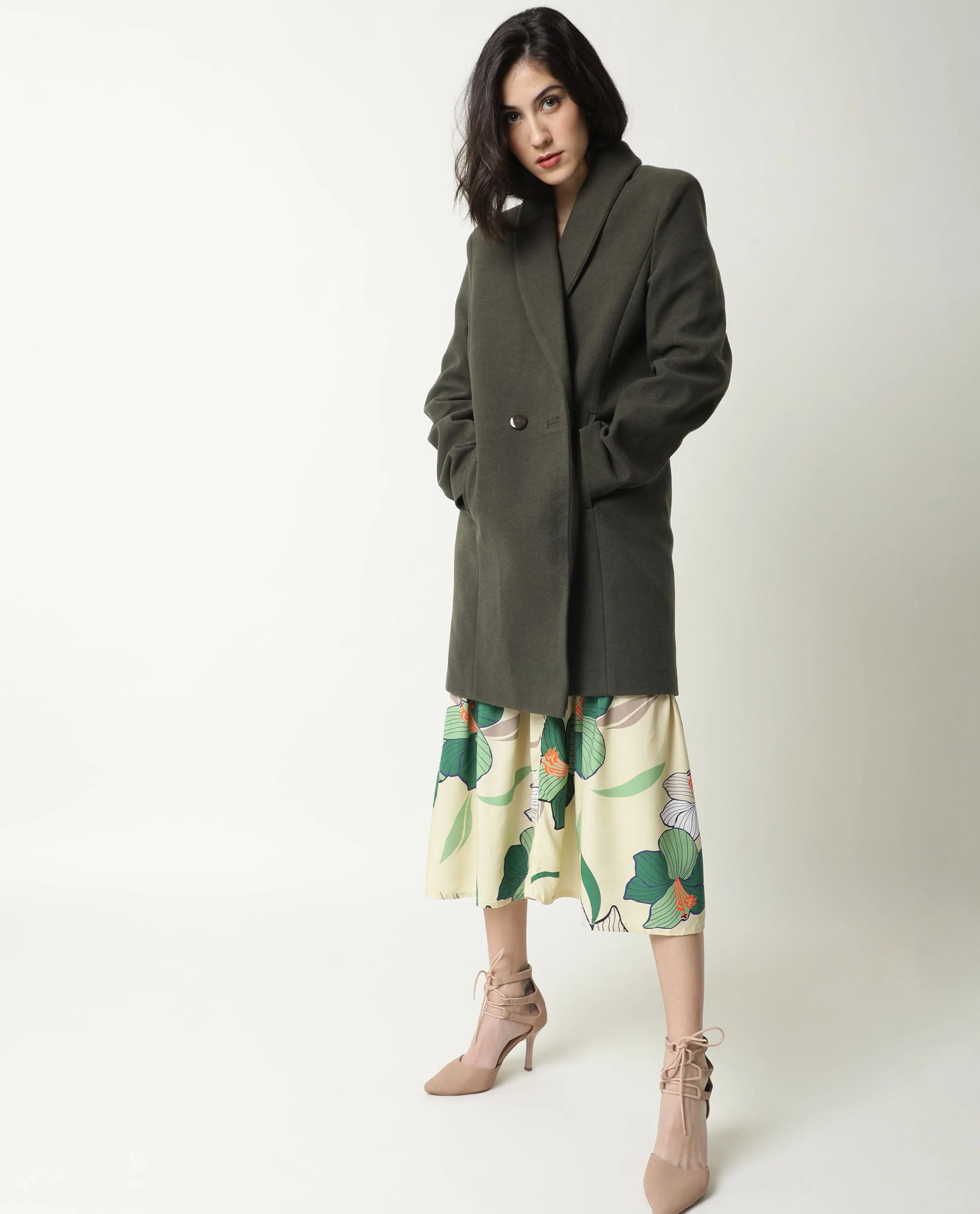 Rareism Women's Avon Olive Polyester Lapel Neck Plain Knee Length Regular Fit Jacket - Image 6