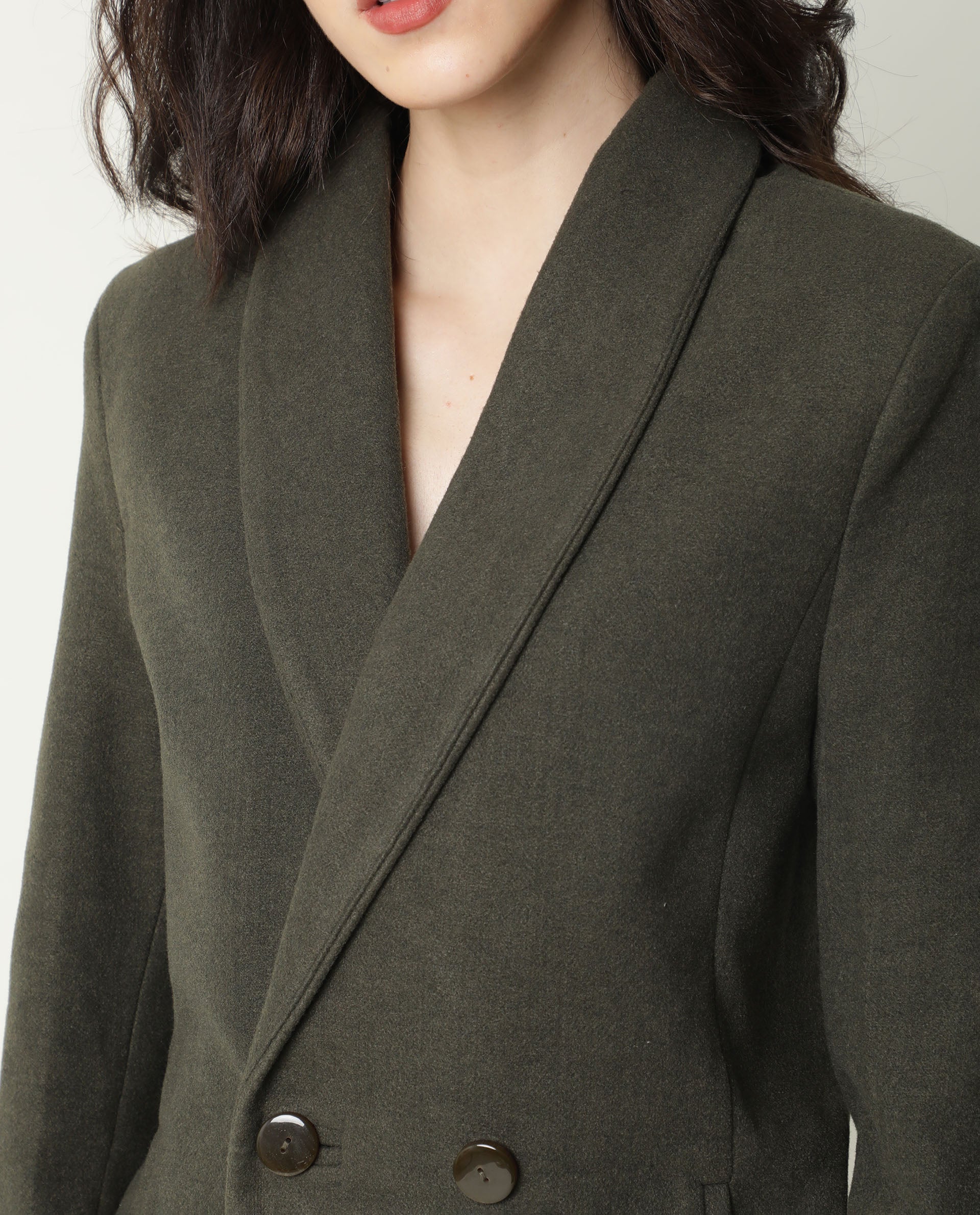 Rareism Women's Avon Olive Polyester Lapel Neck Plain Knee Length Regular Fit Jacket - Image 7