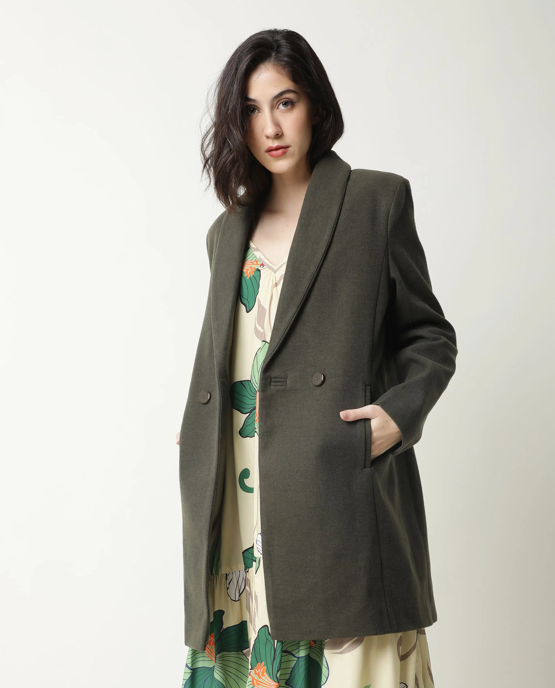 Rareism Women's Avon Olive Polyester Lapel Neck Plain Knee Length Regular Fit Jacket - Image 8
