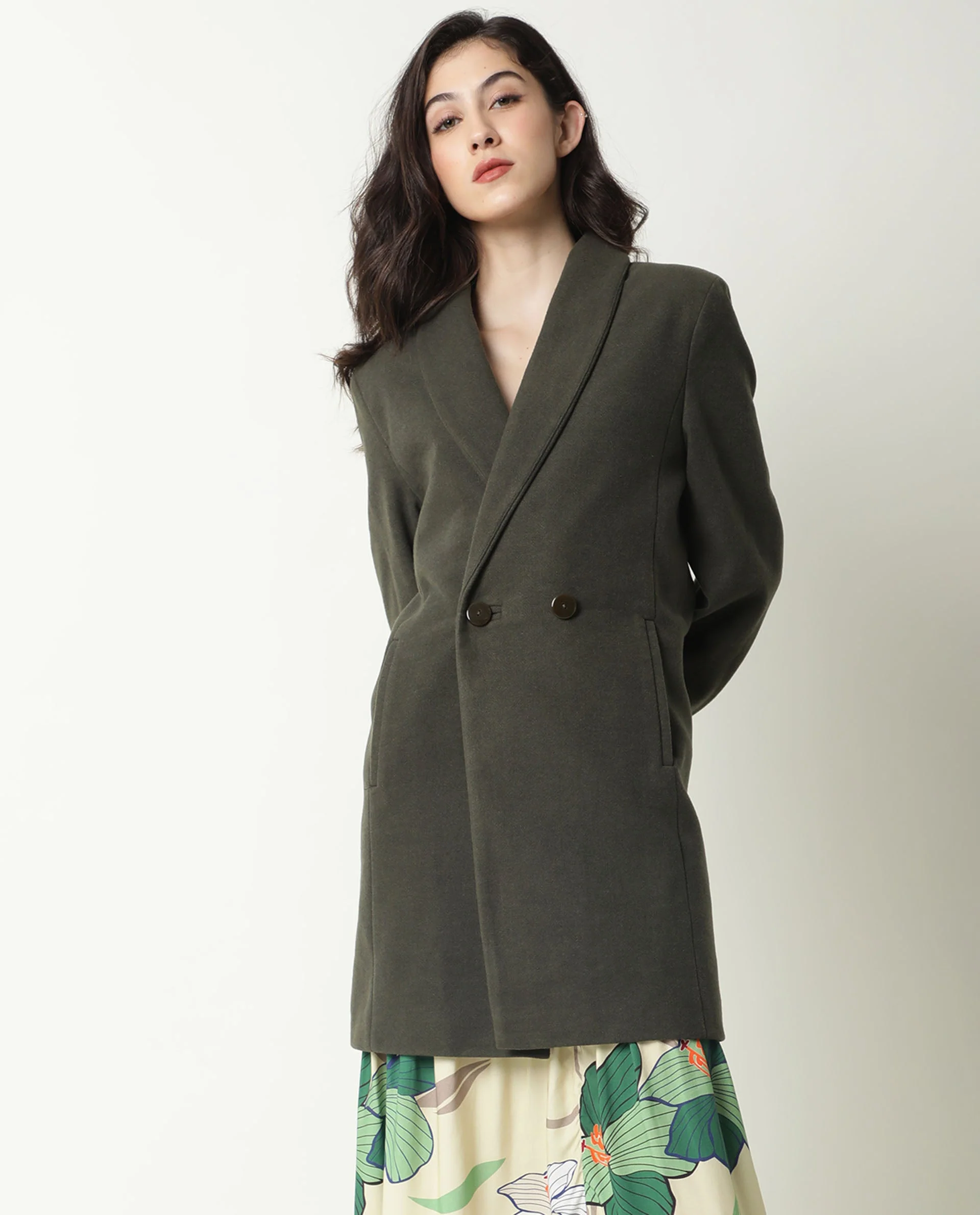 Rareism Women's Avon Olive Polyester Lapel Neck Plain Knee Length Regular Fit Jacket - Image 9
