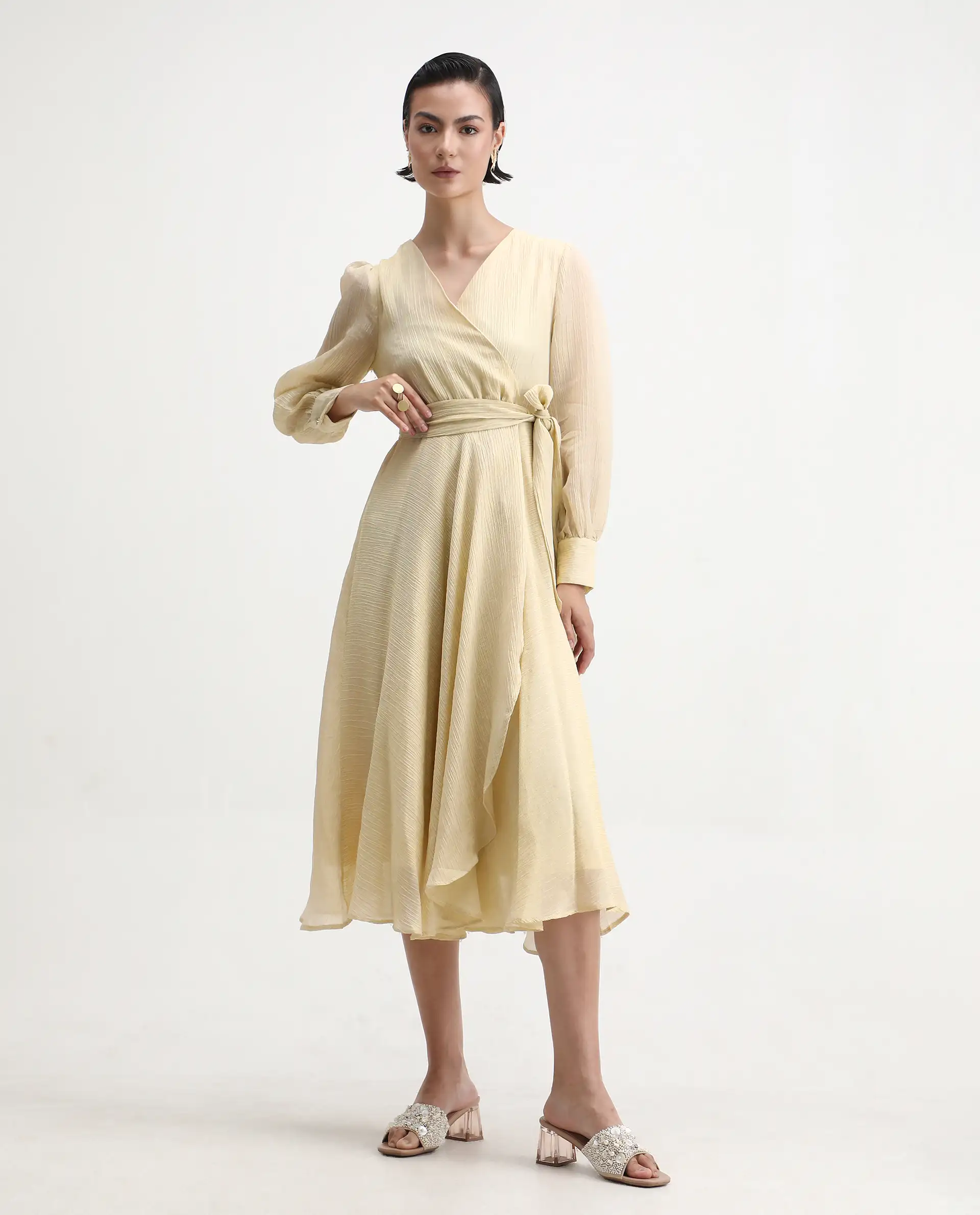 Rareism Women's Avsi Gold Viscose Wrap Neck Fit And Flare Plain Midi Dress