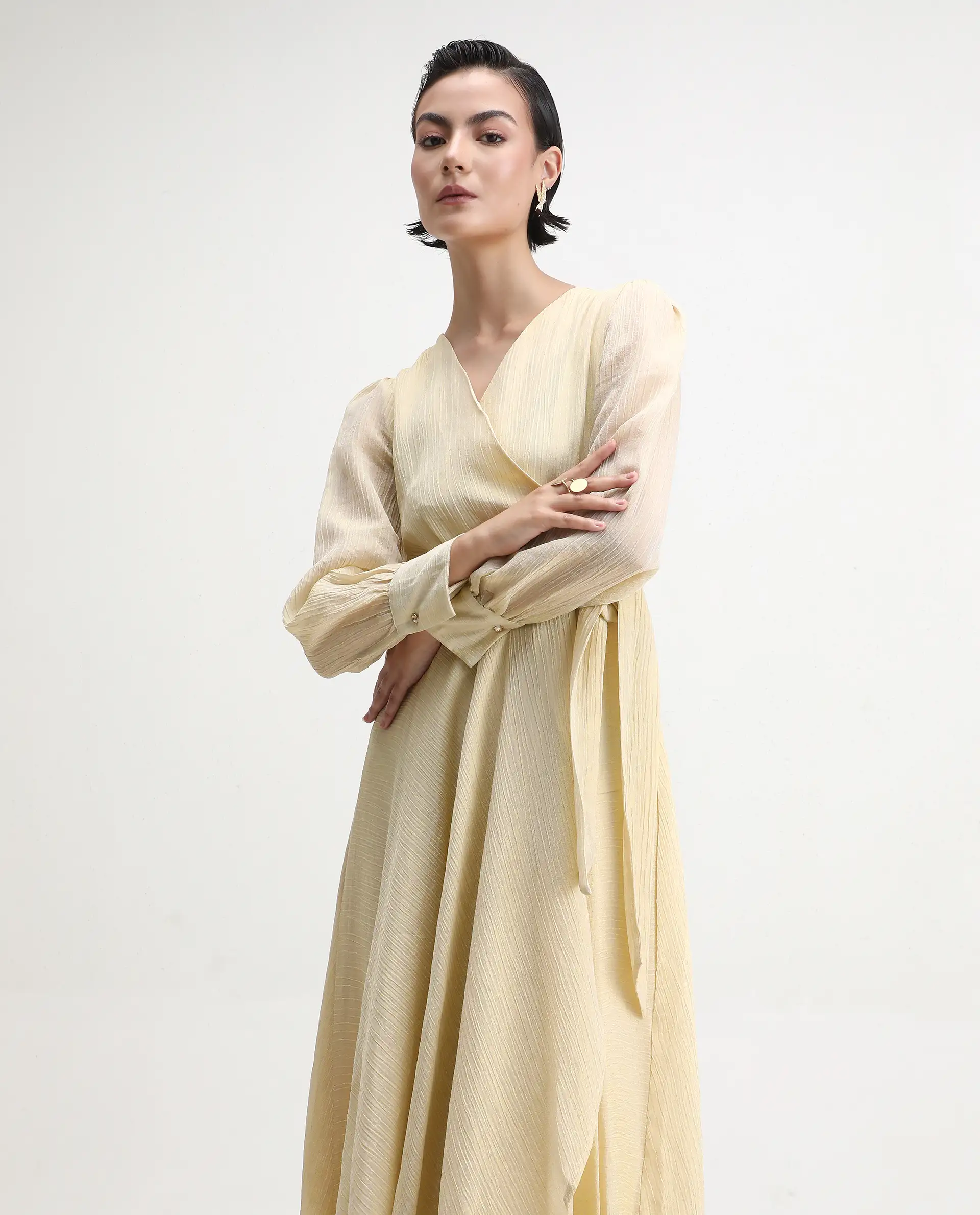 Rareism Women's Avsi Gold Viscose Wrap Neck Fit And Flare Plain Midi Dress - Image 2