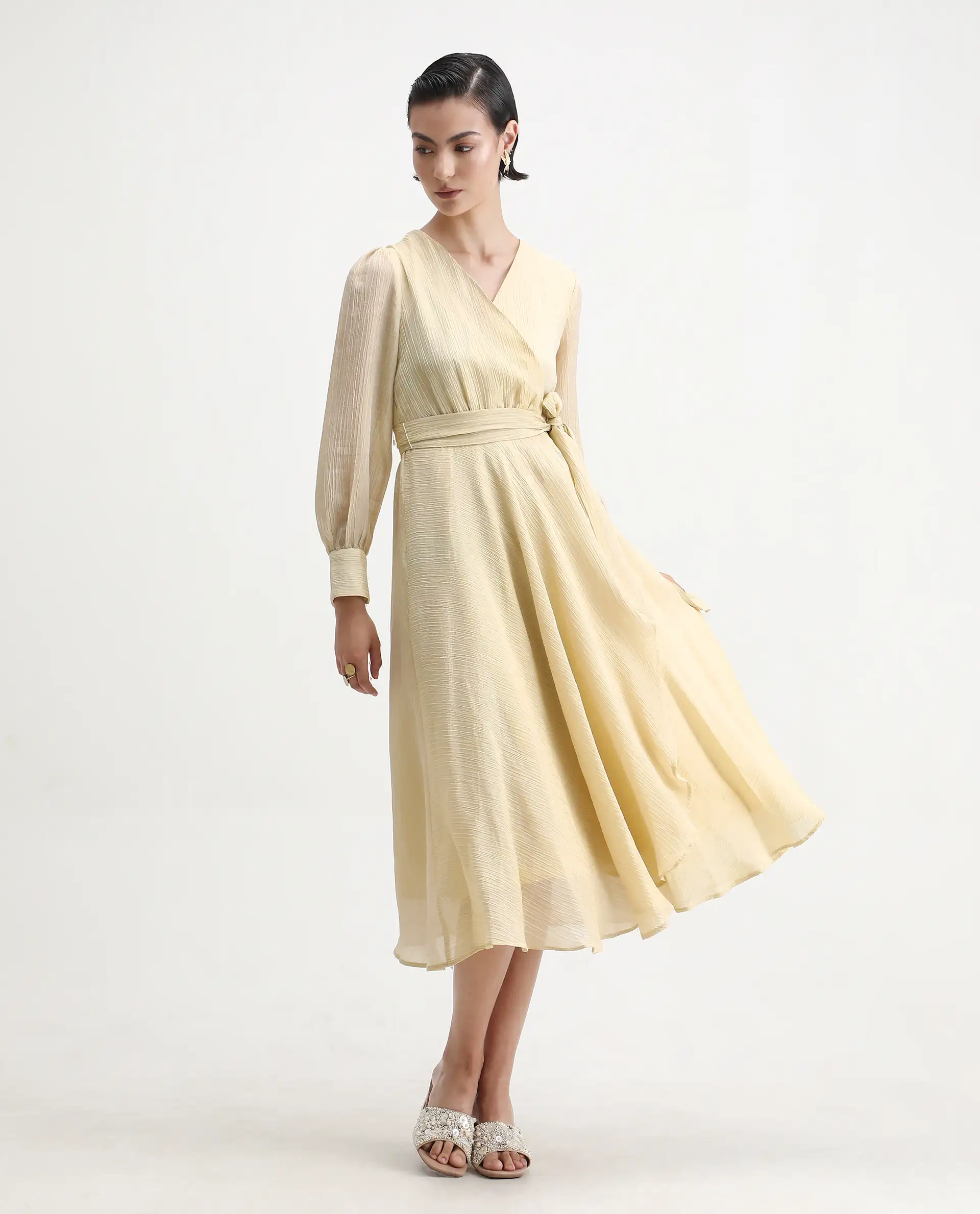 Rareism Women's Avsi Gold Viscose Wrap Neck Fit And Flare Plain Midi Dress - Image 3