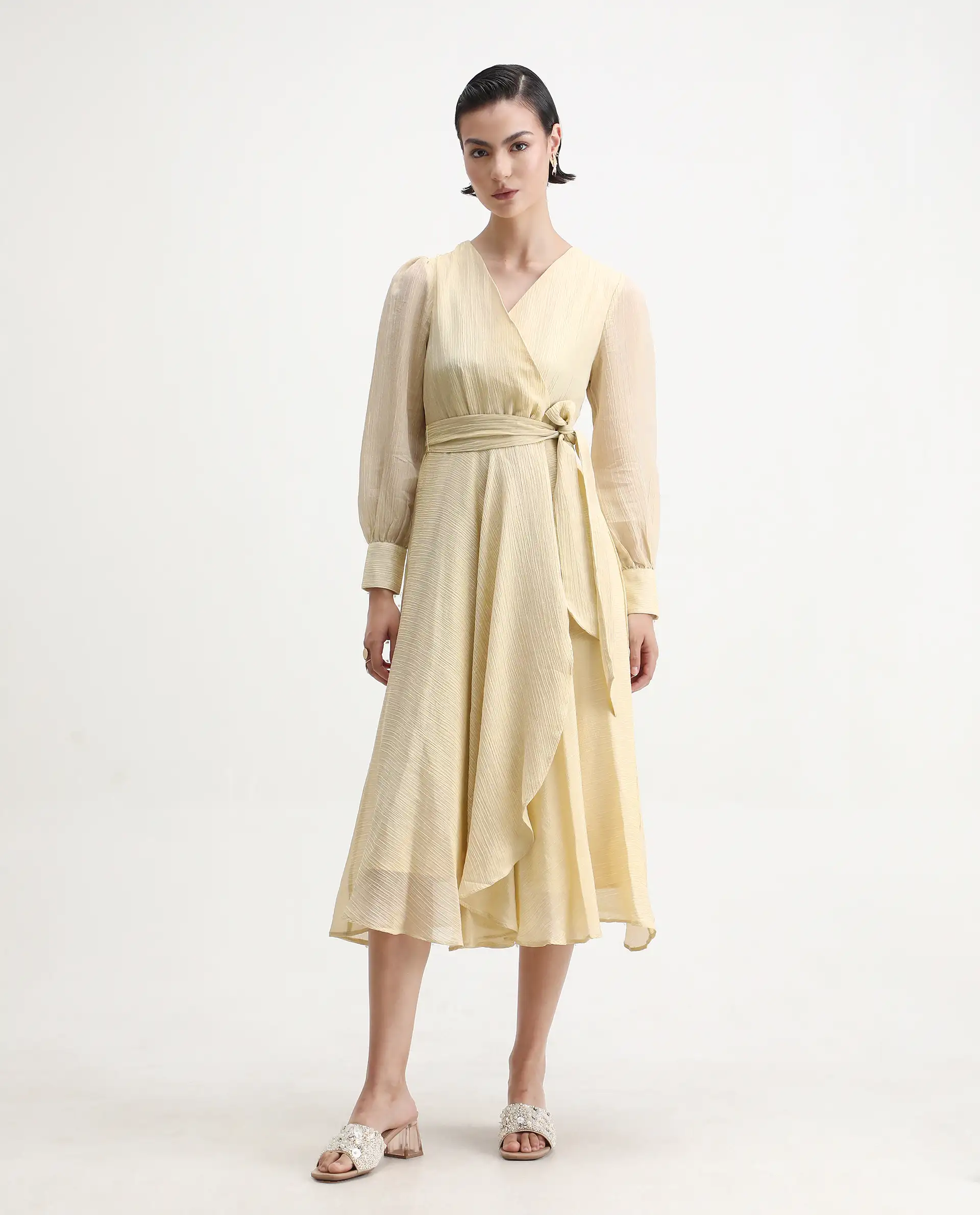 Rareism Women's Avsi Gold Viscose Wrap Neck Fit And Flare Plain Midi Dress - Image 4