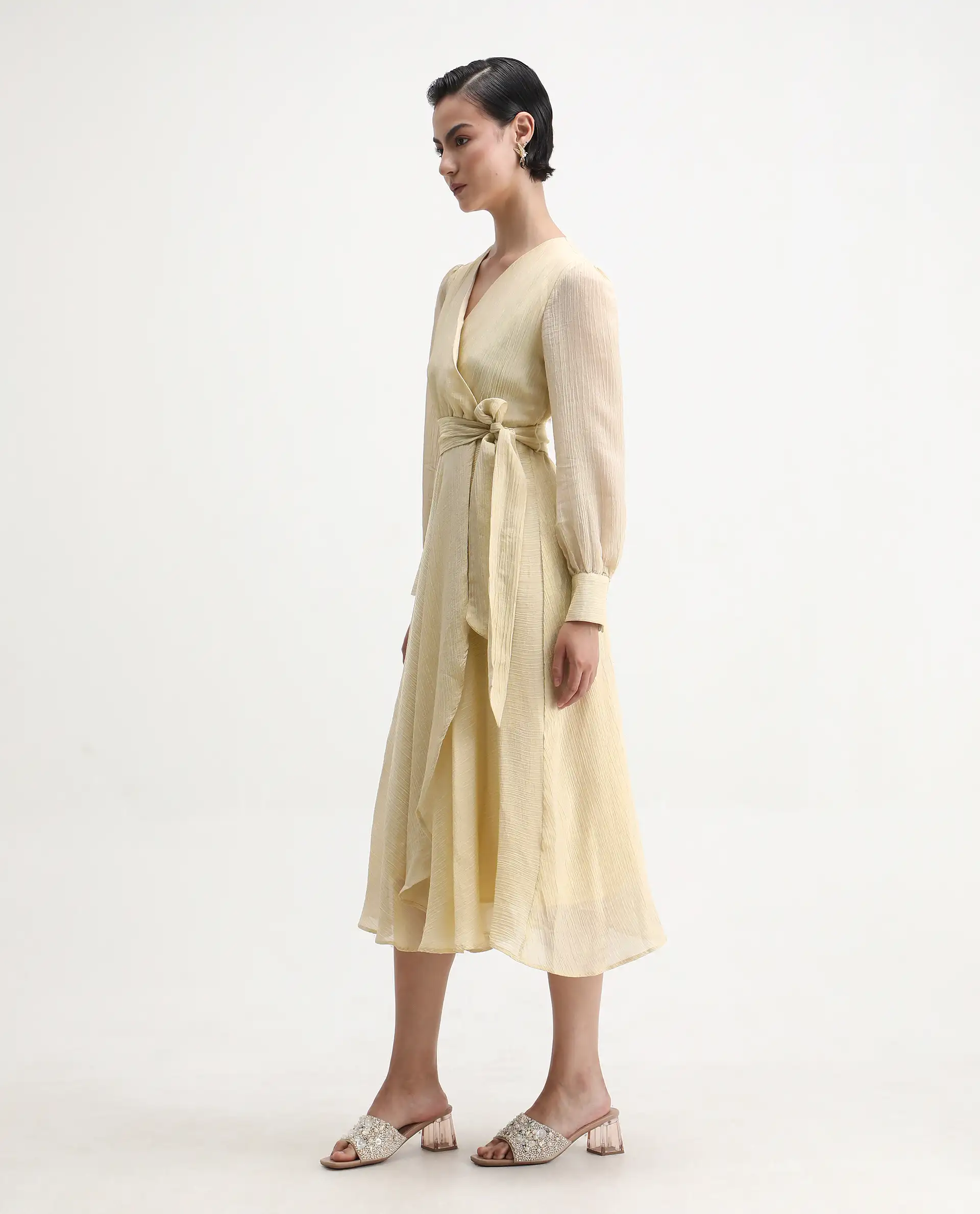 Rareism Women's Avsi Gold Viscose Wrap Neck Fit And Flare Plain Midi Dress - Image 5