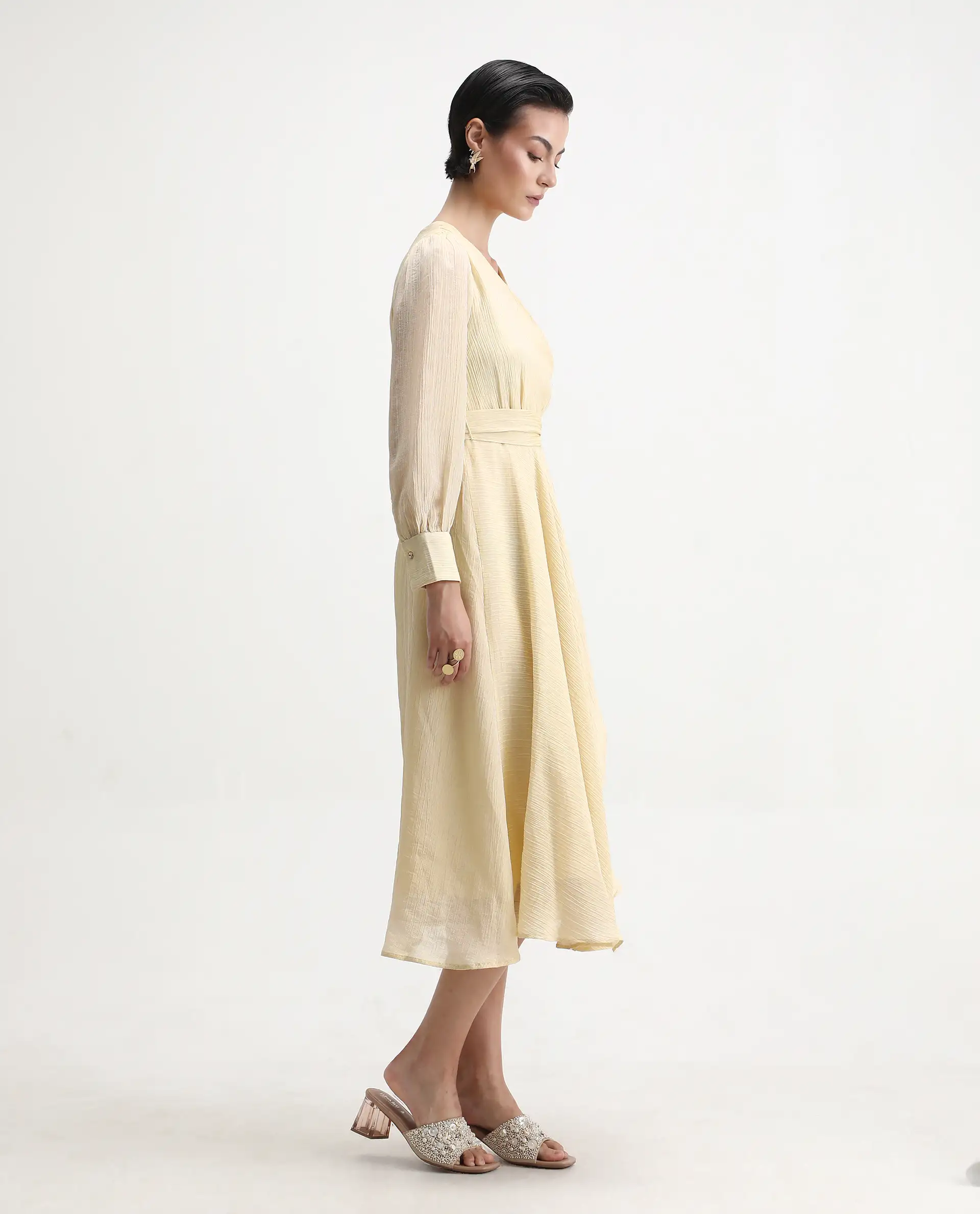Rareism Women's Avsi Gold Viscose Wrap Neck Fit And Flare Plain Midi Dress - Image 6