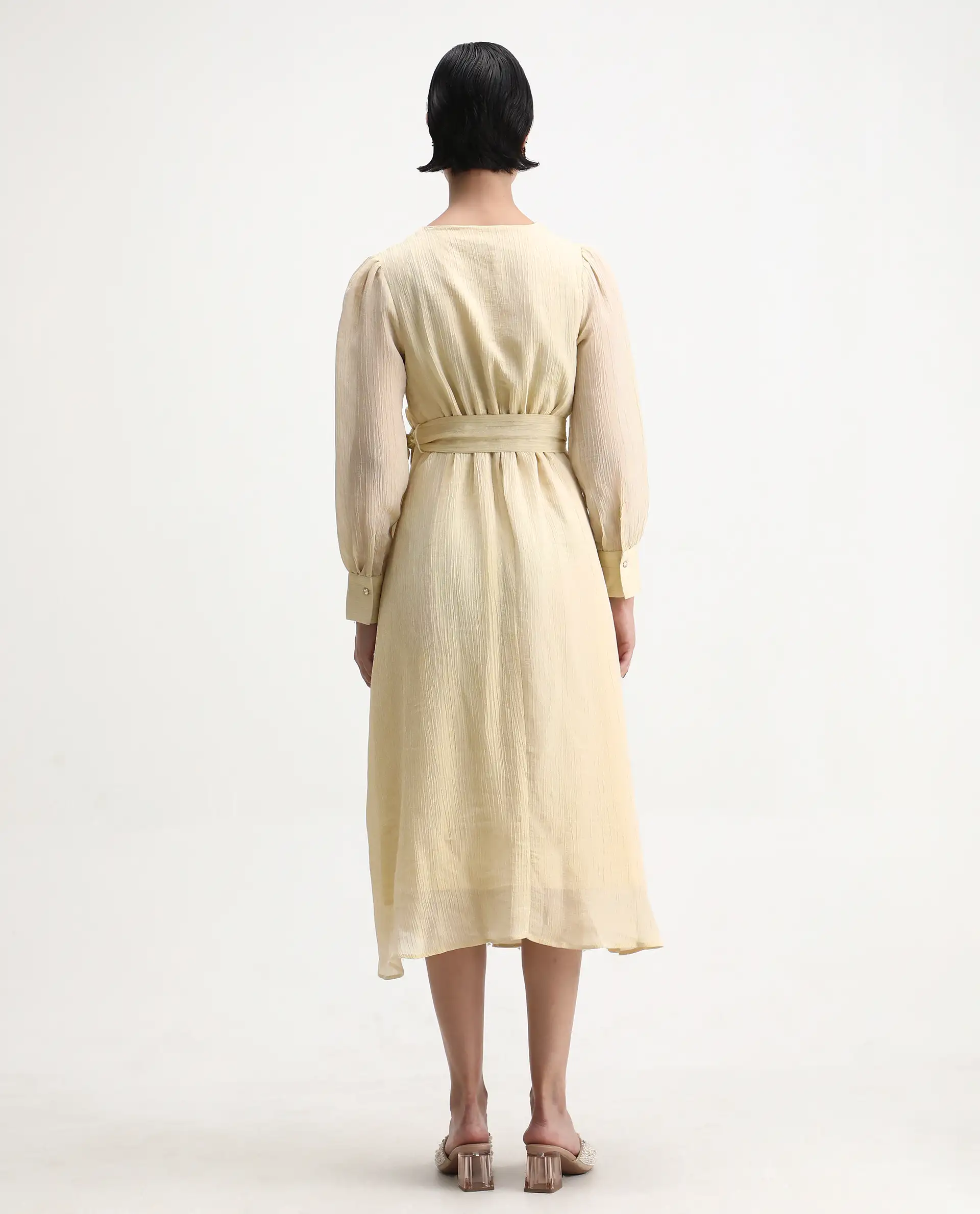 Rareism Women's Avsi Gold Viscose Wrap Neck Fit And Flare Plain Midi Dress - Image 7