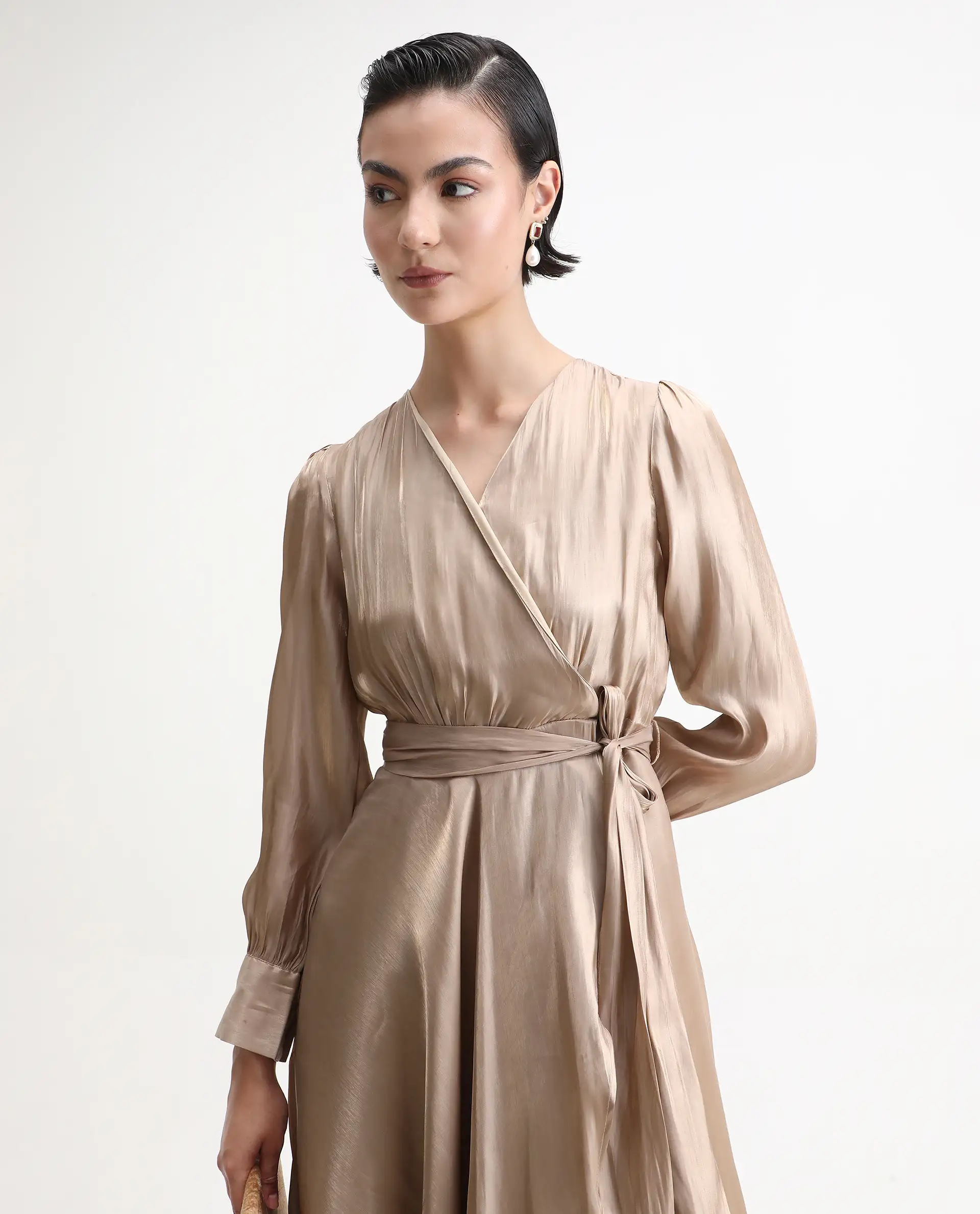 Rareism Women's Avsin Gold Polyester Wrap Neck Fit And Flare Plain Midi Dress