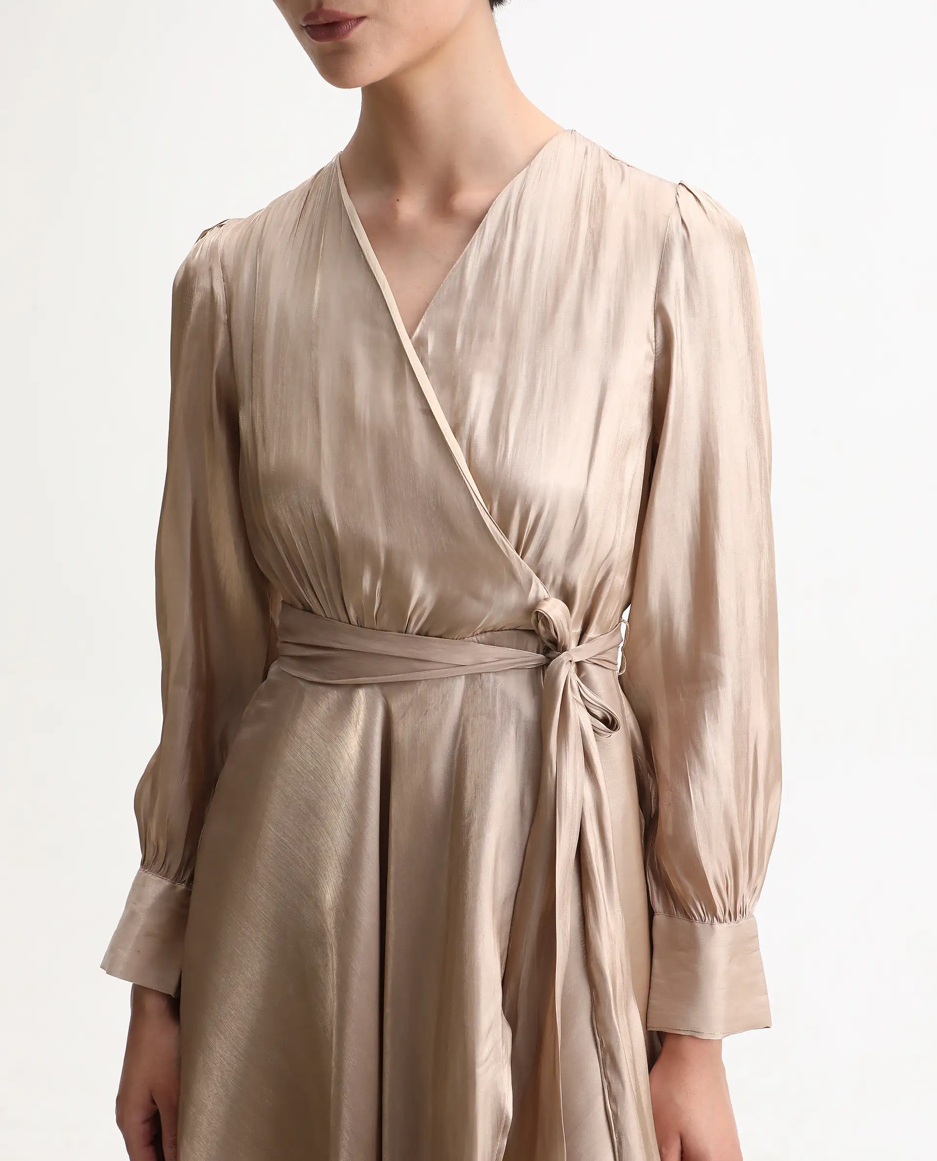 Rareism Women's Avsin Gold Polyester Wrap Neck Fit And Flare Plain Midi Dress - Image 4