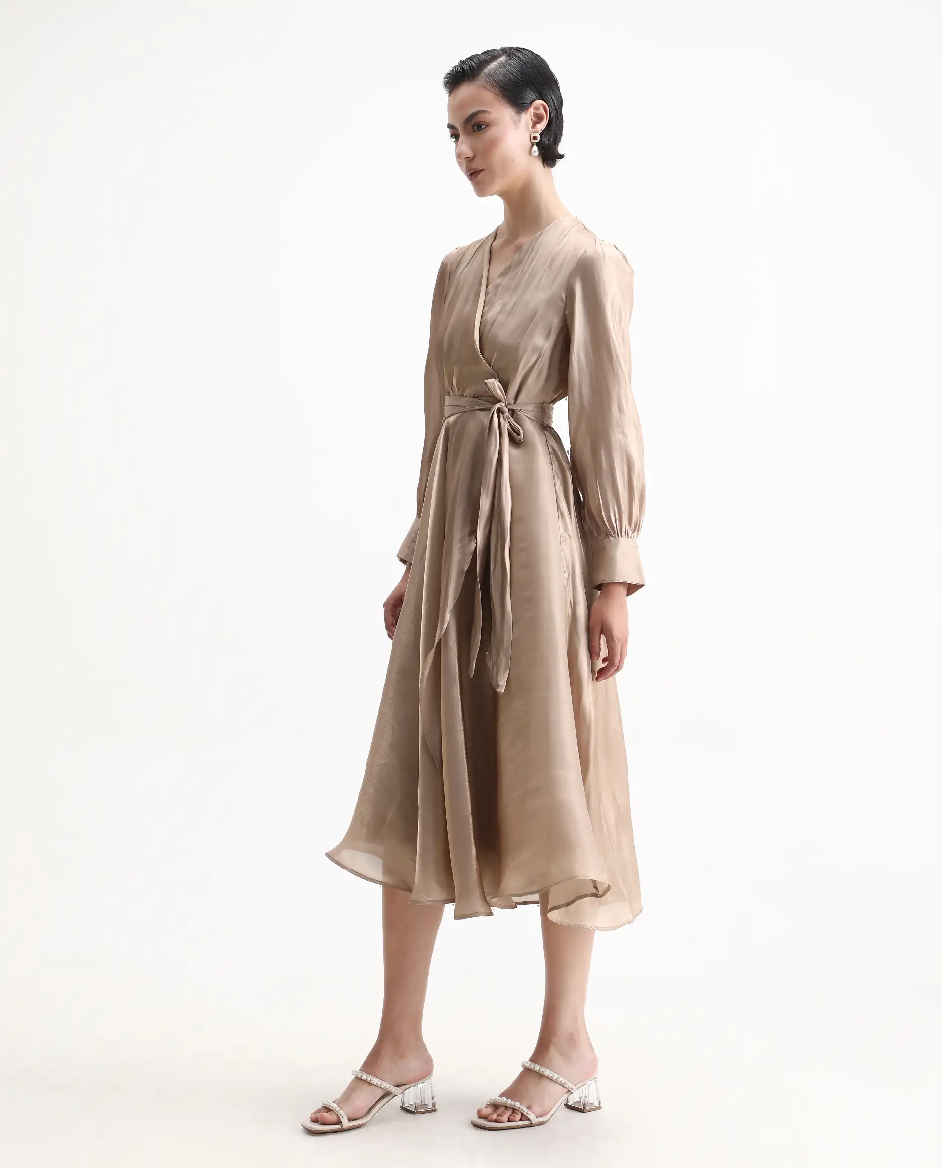 Rareism Women's Avsin Gold Polyester Wrap Neck Fit And Flare Plain Midi Dress - Image 6