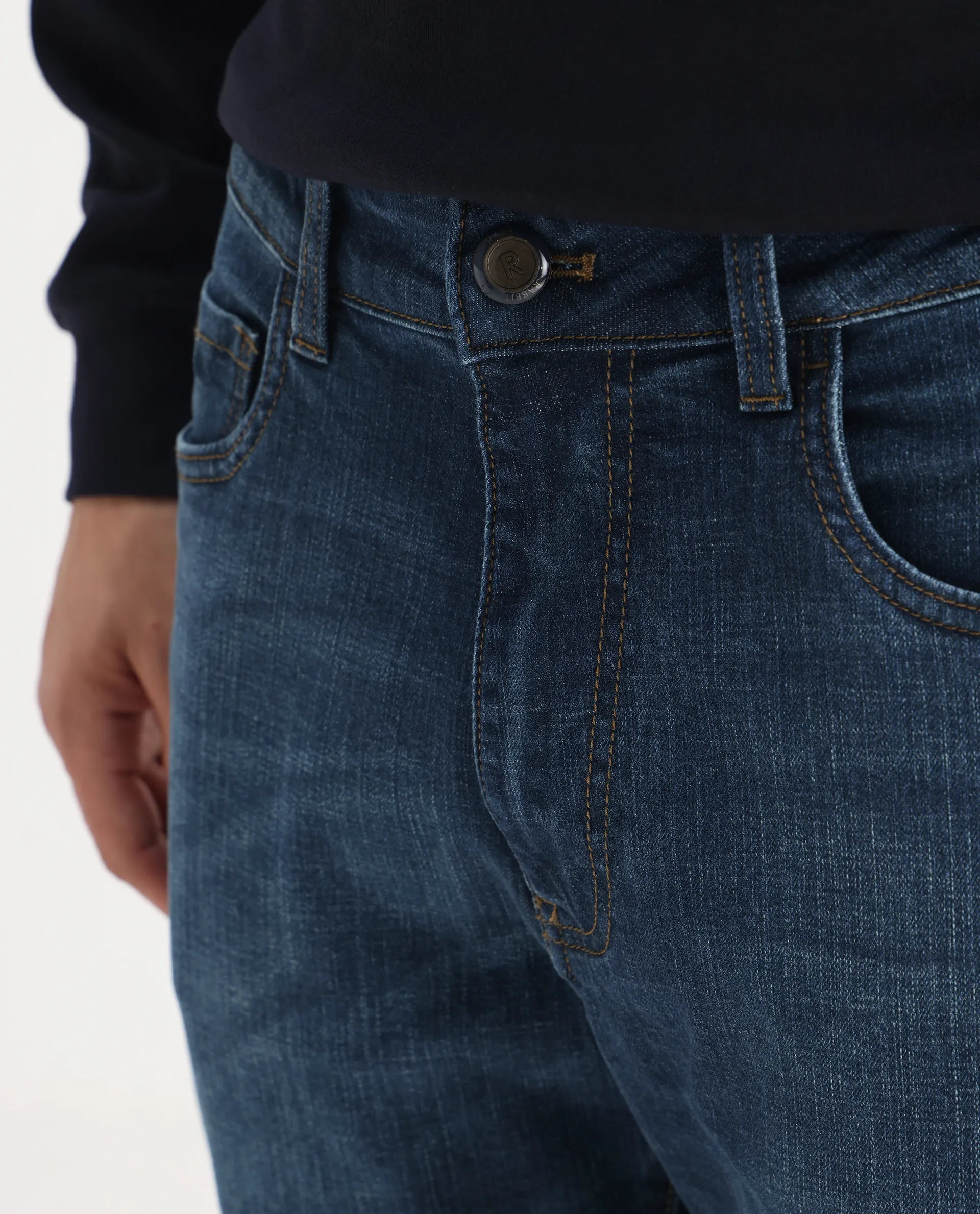 Rare Rabbit Men's Axel Blue Cotton Blend Plain Morris Regular Fit Jeans - Image 8