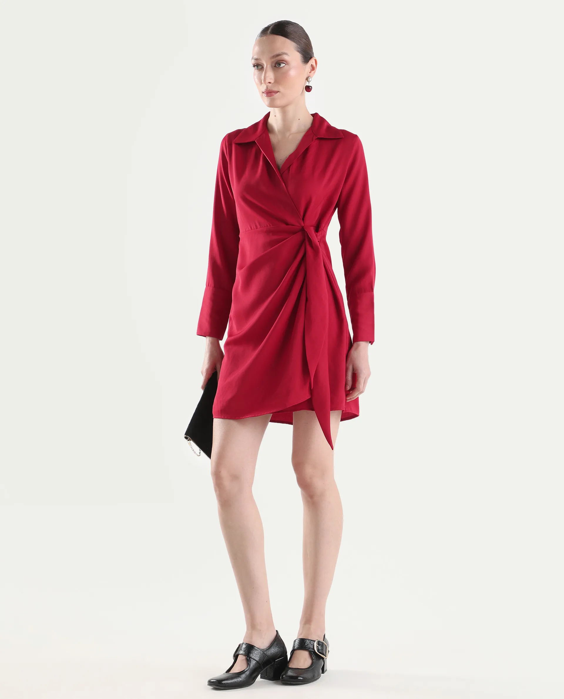 Rareism Women's Axela Red Polyester Full Sleeve Wrap Plain Dress - Image 2