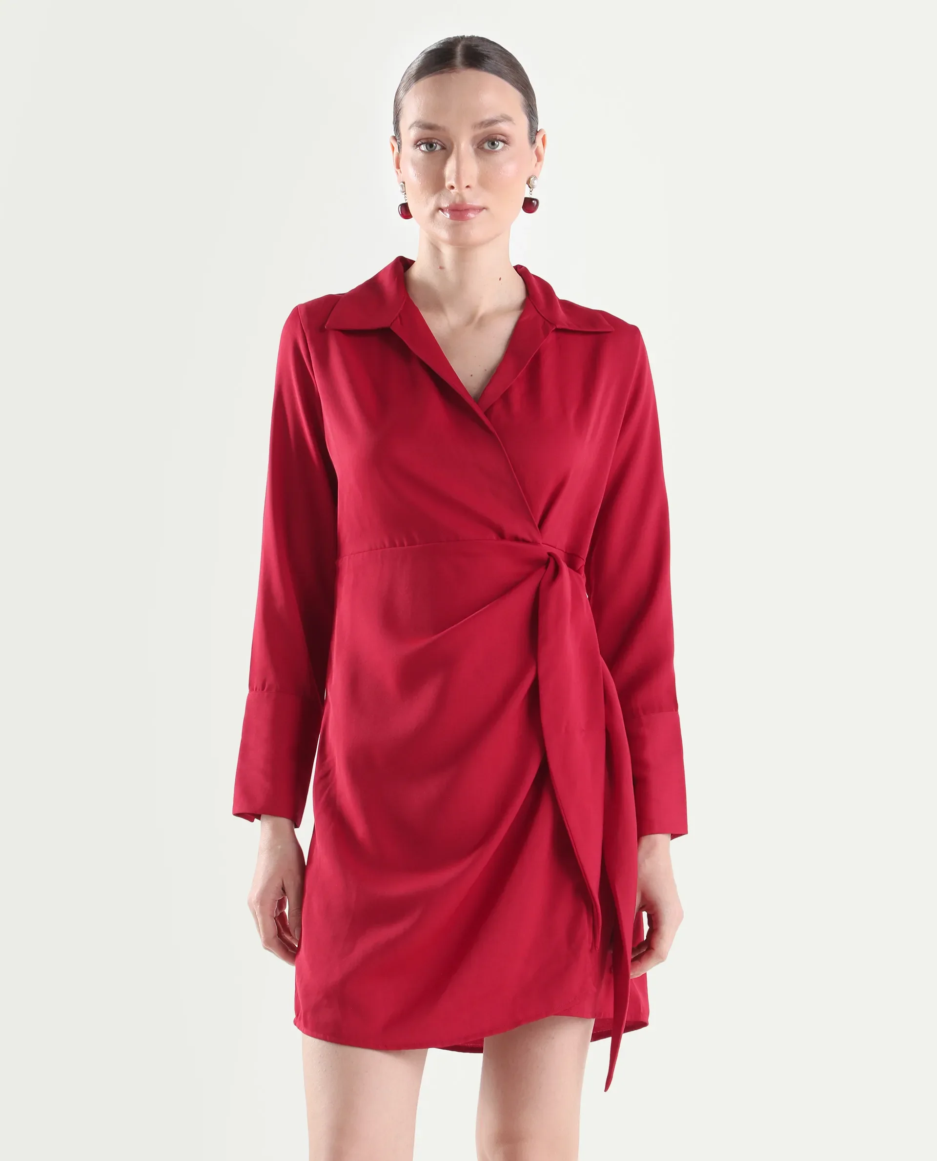 Rareism Women's Axela Red Polyester Full Sleeve Wrap Plain Dress - Image 3