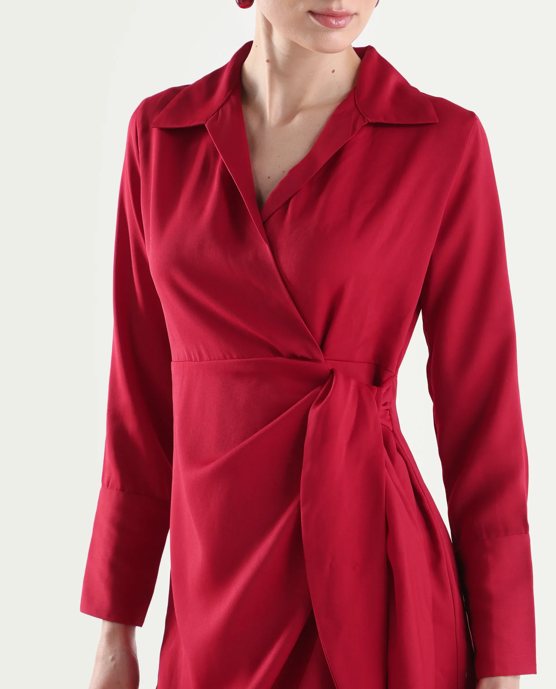 Rareism Women's Axela Red Polyester Full Sleeve Wrap Plain Dress - Image 4