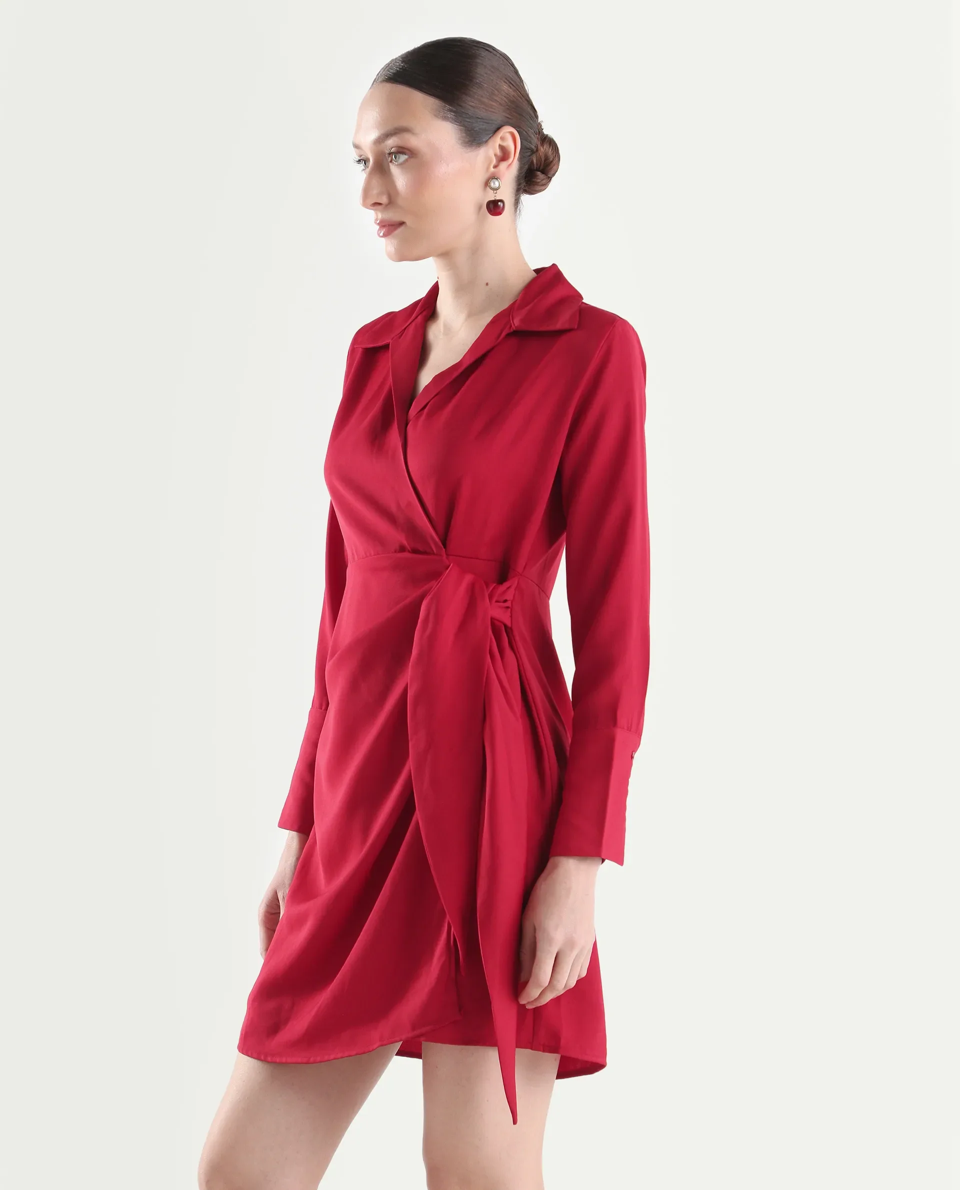 Rareism Women's Axela Red Polyester Full Sleeve Wrap Plain Dress - Image 5