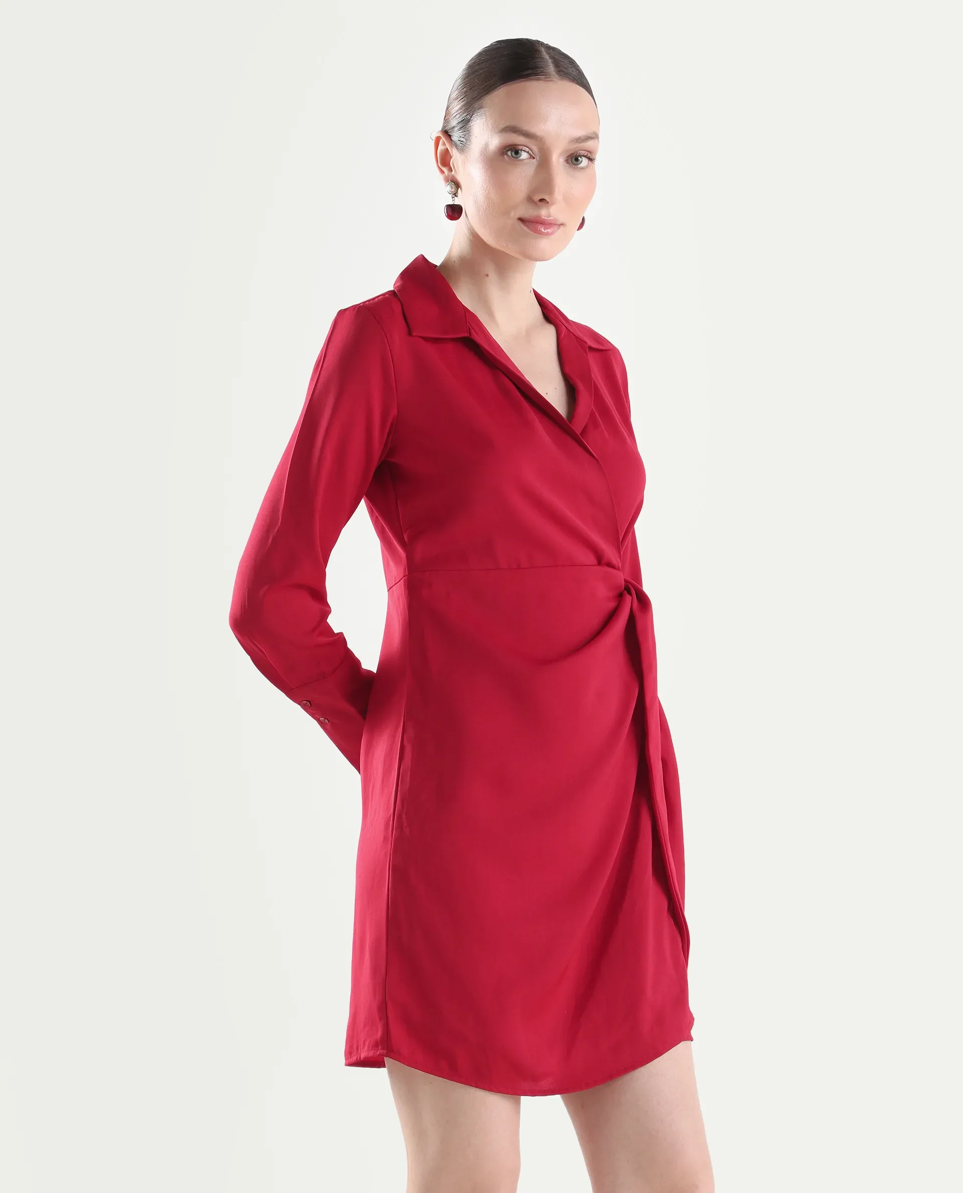 Rareism Women's Axela Red Polyester Full Sleeve Wrap Plain Dress - Image 6