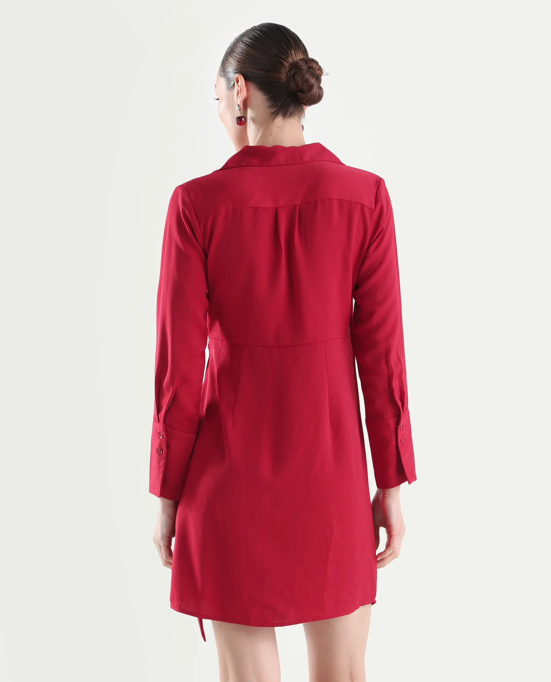 Rareism Women's Axela Red Polyester Full Sleeve Wrap Plain Dress - Image 7