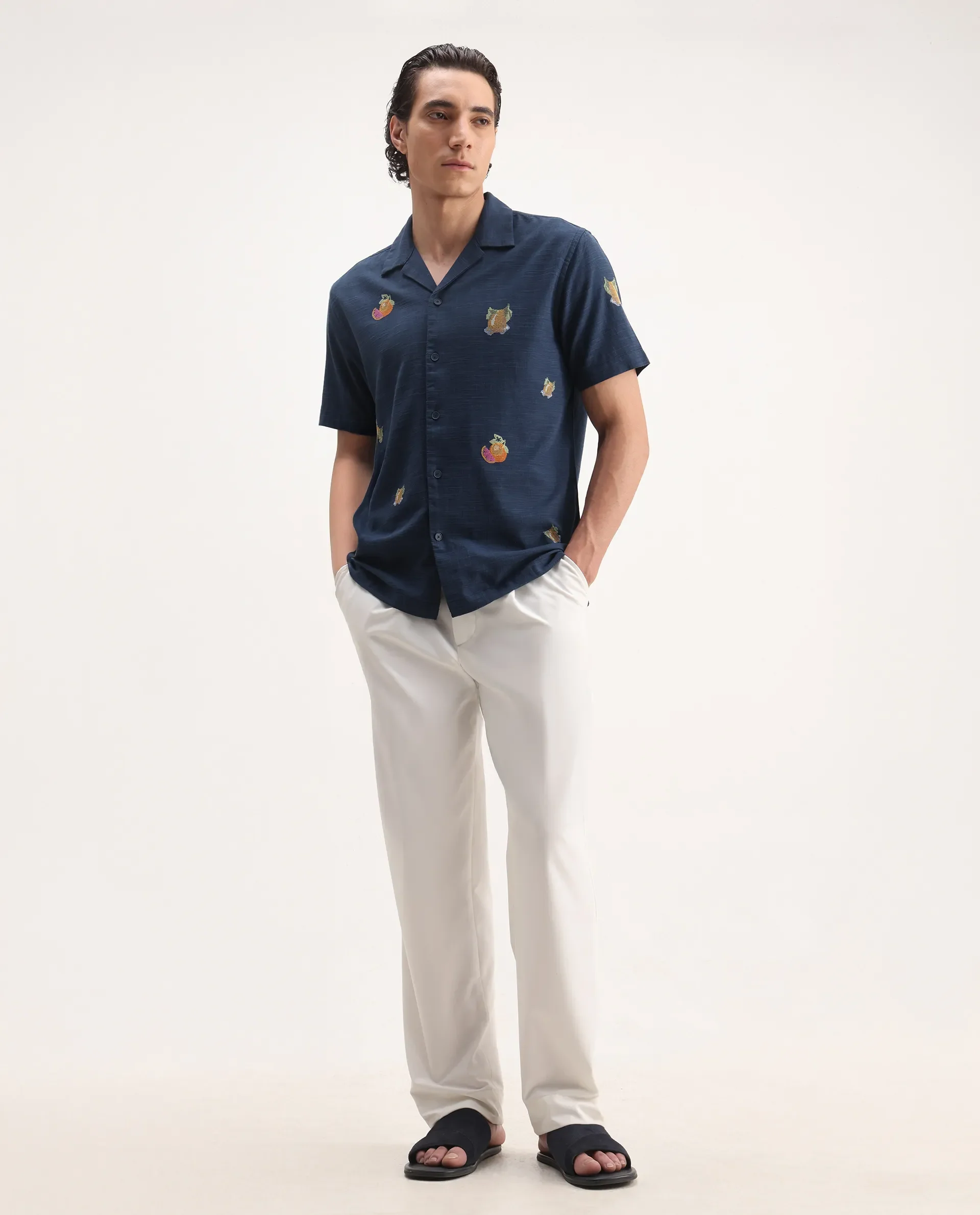 Rare Rabbit Men's Axels Navy Cotton Blend Embroidered Relaxed Fit Half Sleeve Cuban Collar Shirt - Image 2