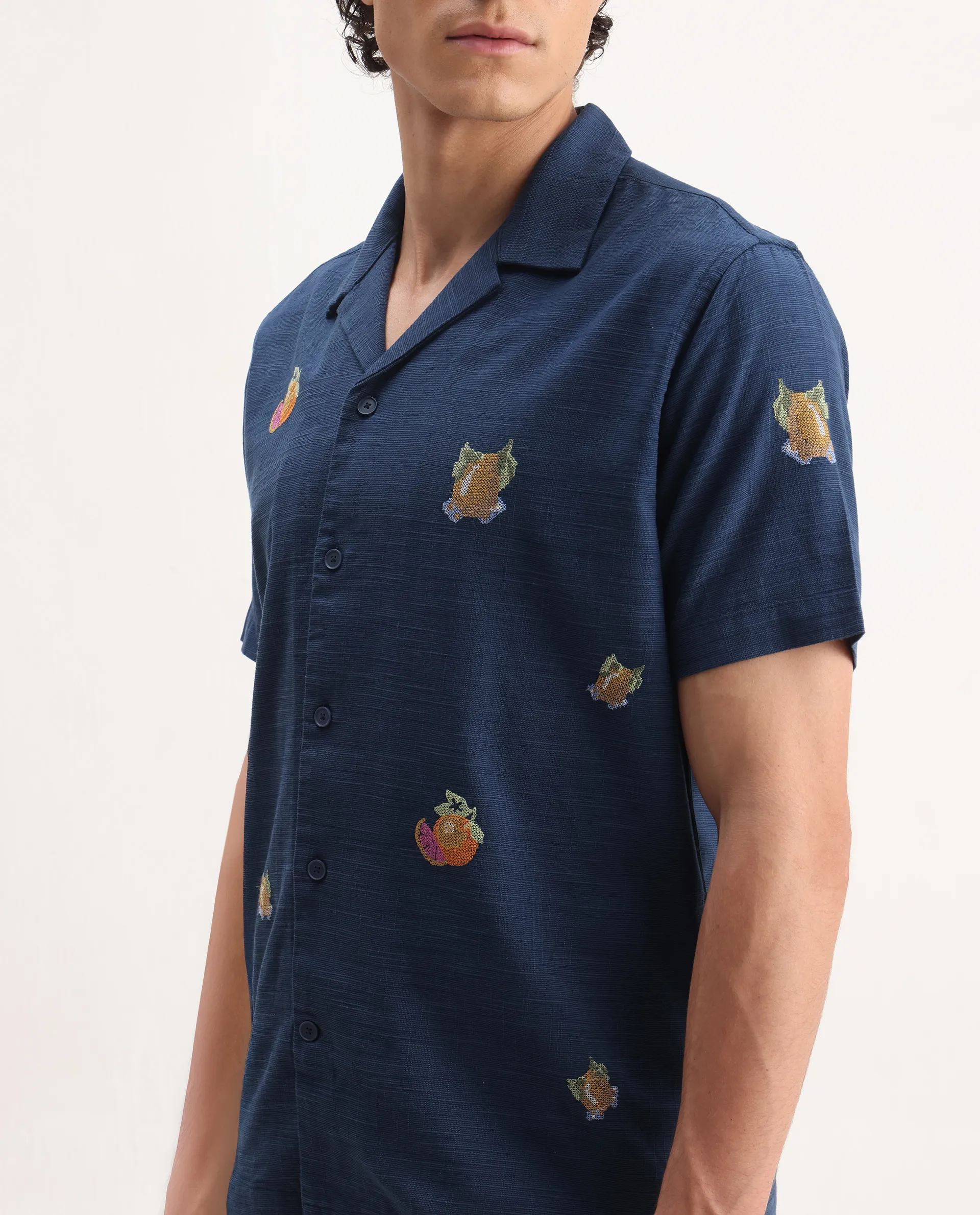 Rare Rabbit Men's Axels Navy Cotton Blend Embroidered Relaxed Fit Half Sleeve Cuban Collar Shirt - Image 3
