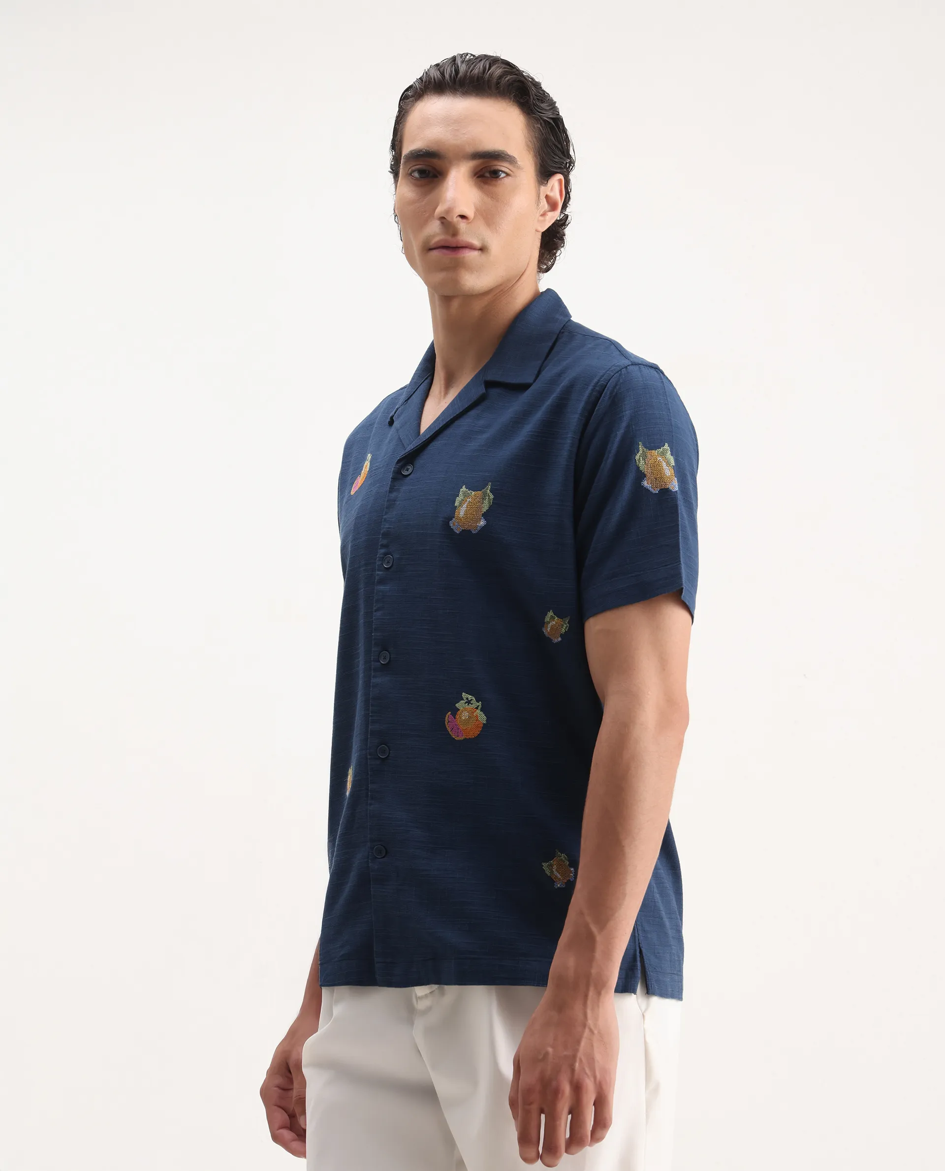 Rare Rabbit Men's Axels Navy Cotton Blend Embroidered Relaxed Fit Half Sleeve Cuban Collar Shirt - Image 4