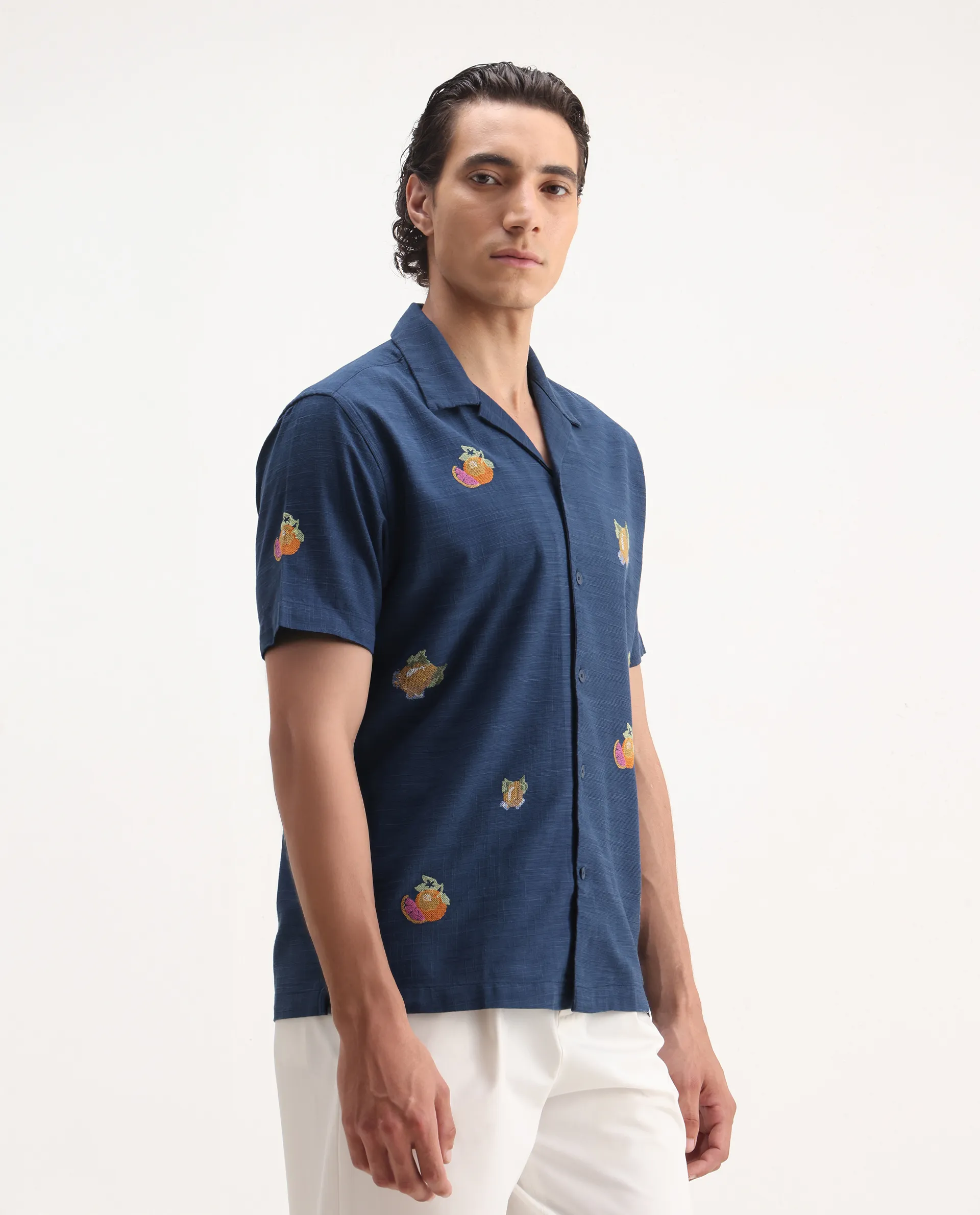 Rare Rabbit Men's Axels Navy Cotton Blend Embroidered Relaxed Fit Half Sleeve Cuban Collar Shirt - Image 5