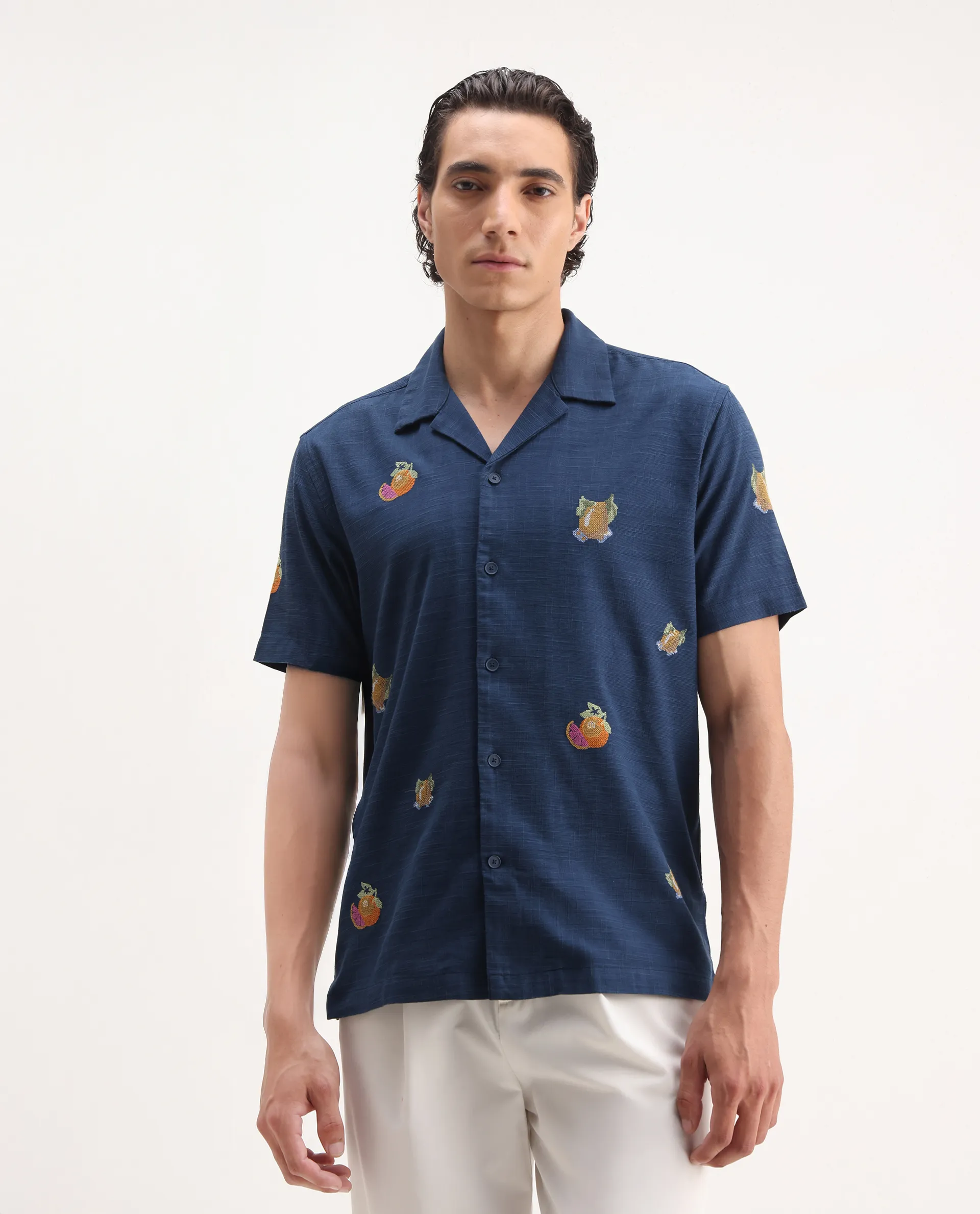 Rare Rabbit Men's Axels Navy Cotton Blend Embroidered Relaxed Fit Half Sleeve Cuban Collar Shirt - Image 6