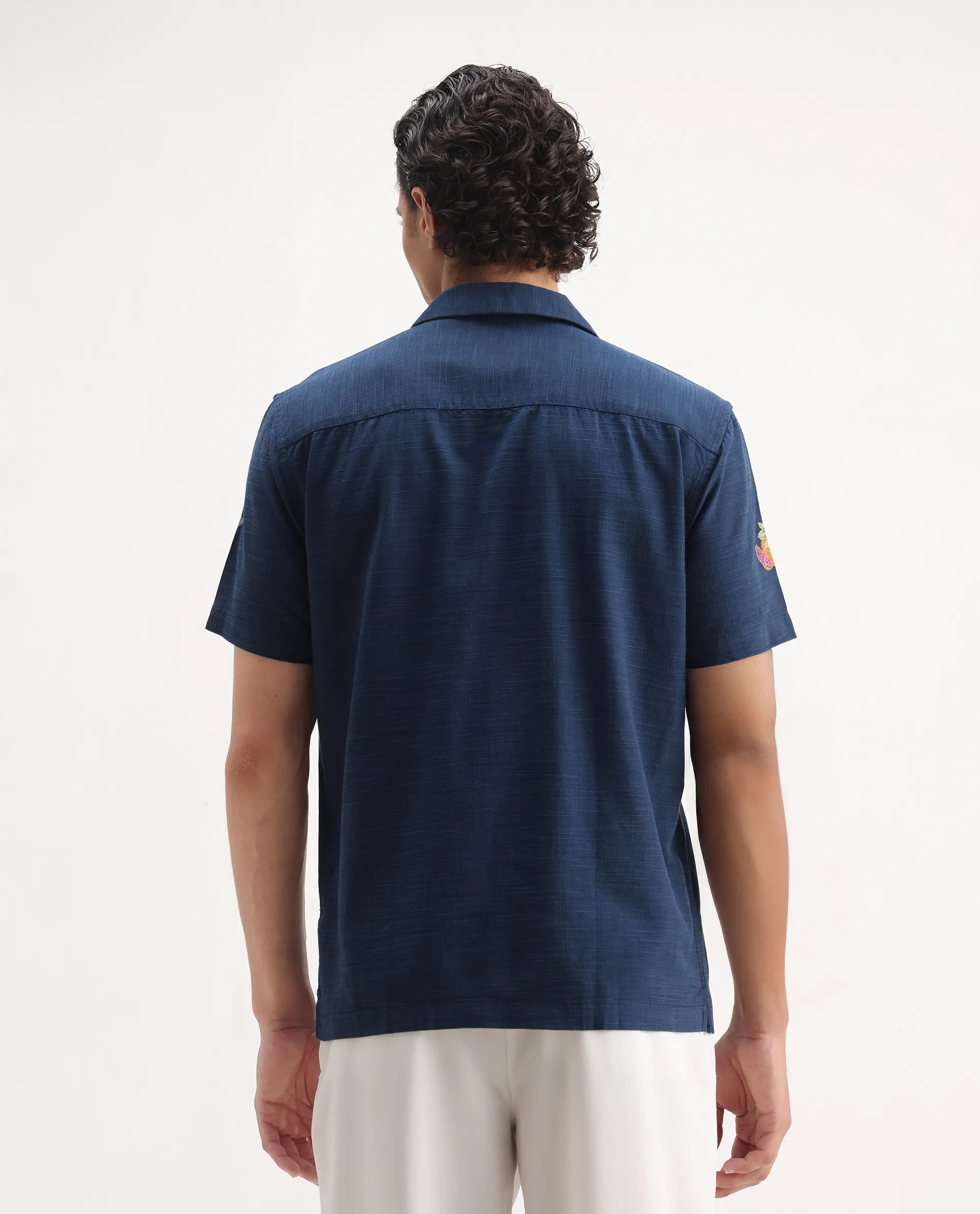 Rare Rabbit Men's Axels Navy Cotton Blend Embroidered Relaxed Fit Half Sleeve Cuban Collar Shirt - Image 7