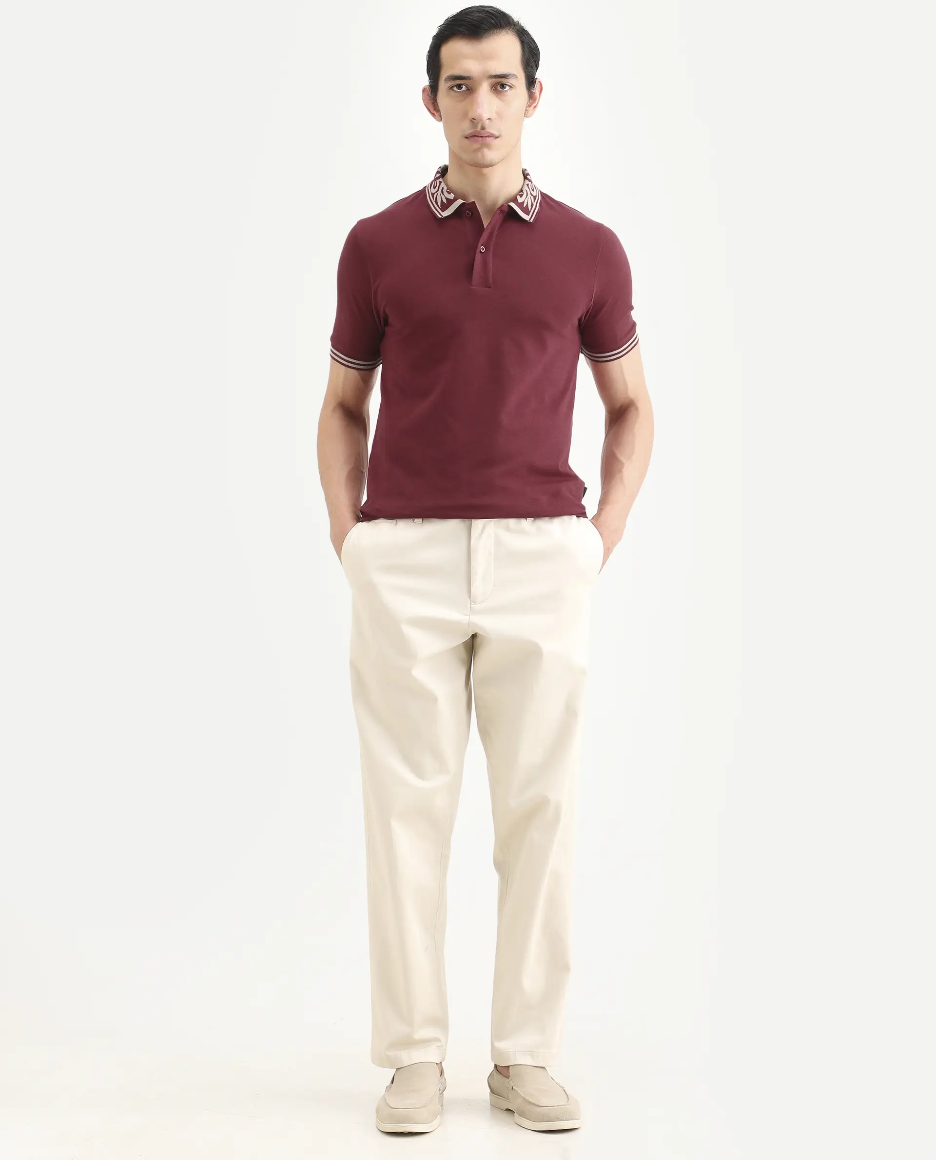 Rare Rabbit Men's Axeo Red Cotton Blend Fabric Spread Collar Regular Fit Plain Polo - Image 2